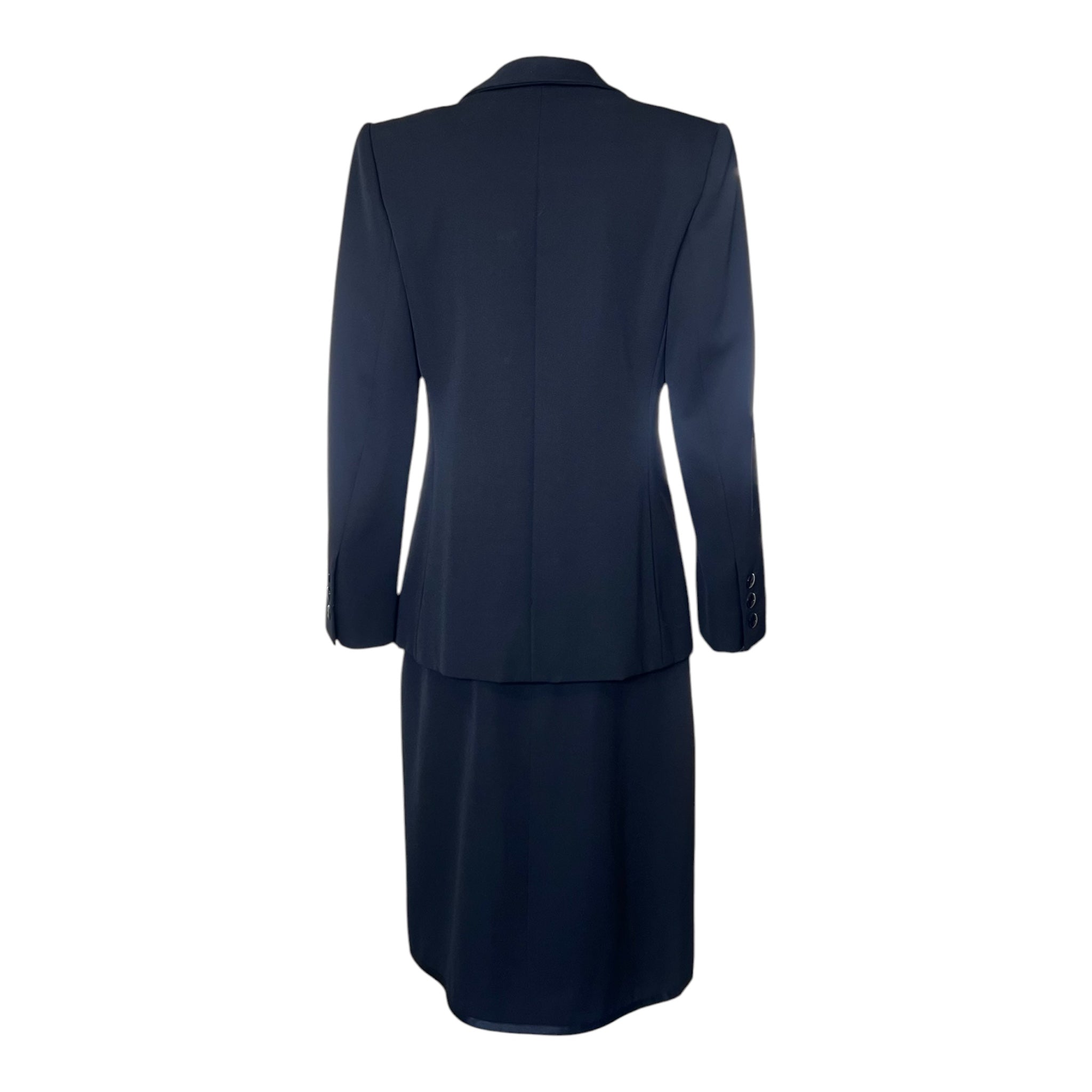 Saint Laurent 1970's Black Wool Gabardine and Faille Skirt Suit, back