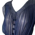 1910's French Couture Midnight Blue Silk Chiffon Long Sleeve Gown, neck