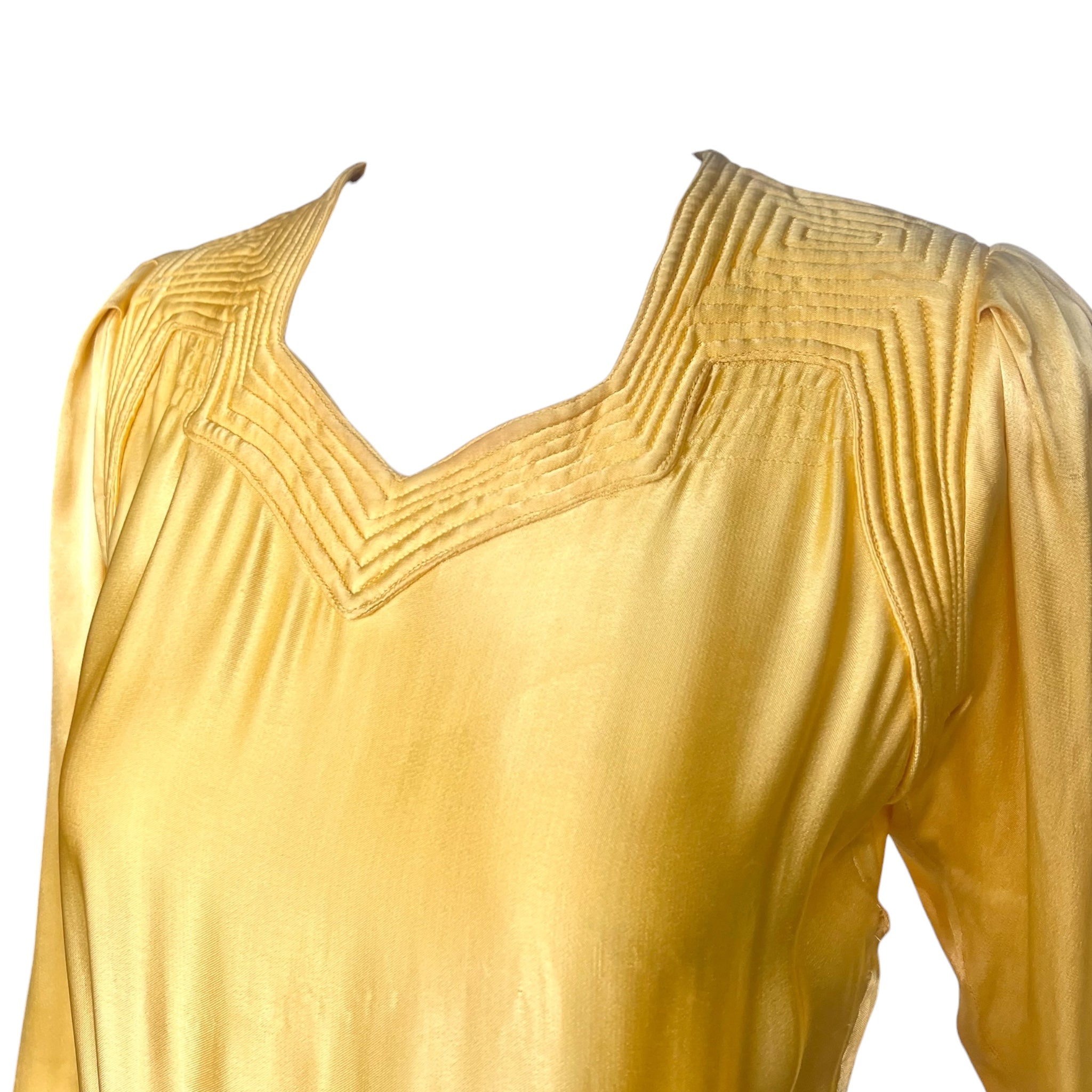 Late 1930s/Early 40s Golden Yellow Satin Belted Dress, neck detail