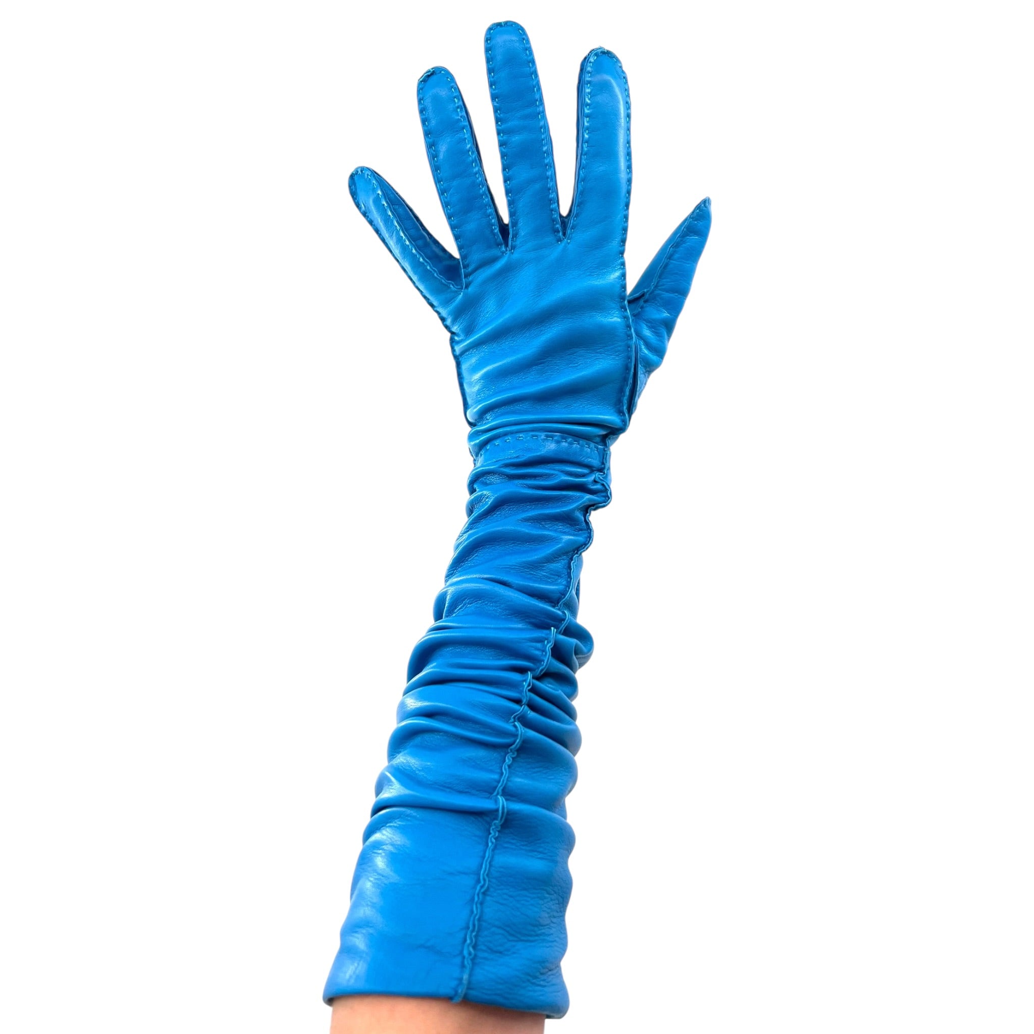 Prada 2020s Blue Lambskin Leather Elbow Length Gloves, right hand