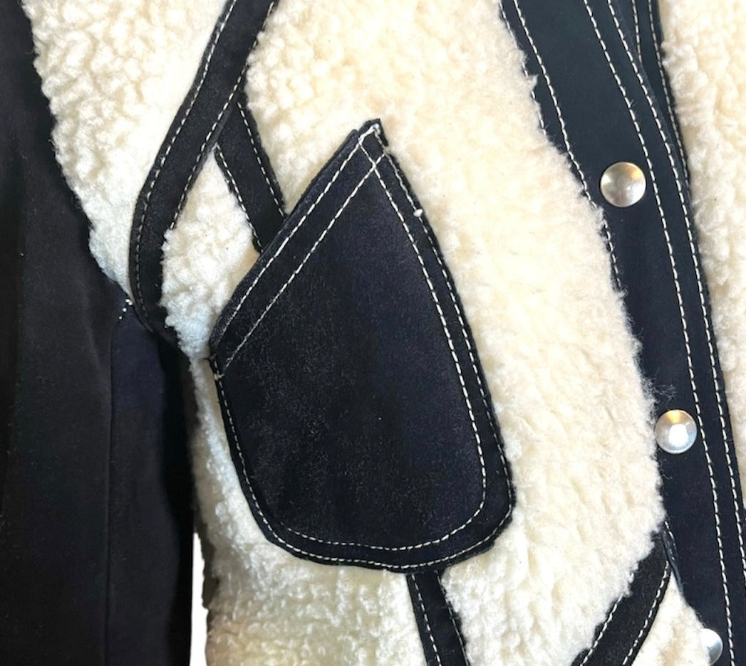1970s Black Suede and Faux Shearling Coat, detail