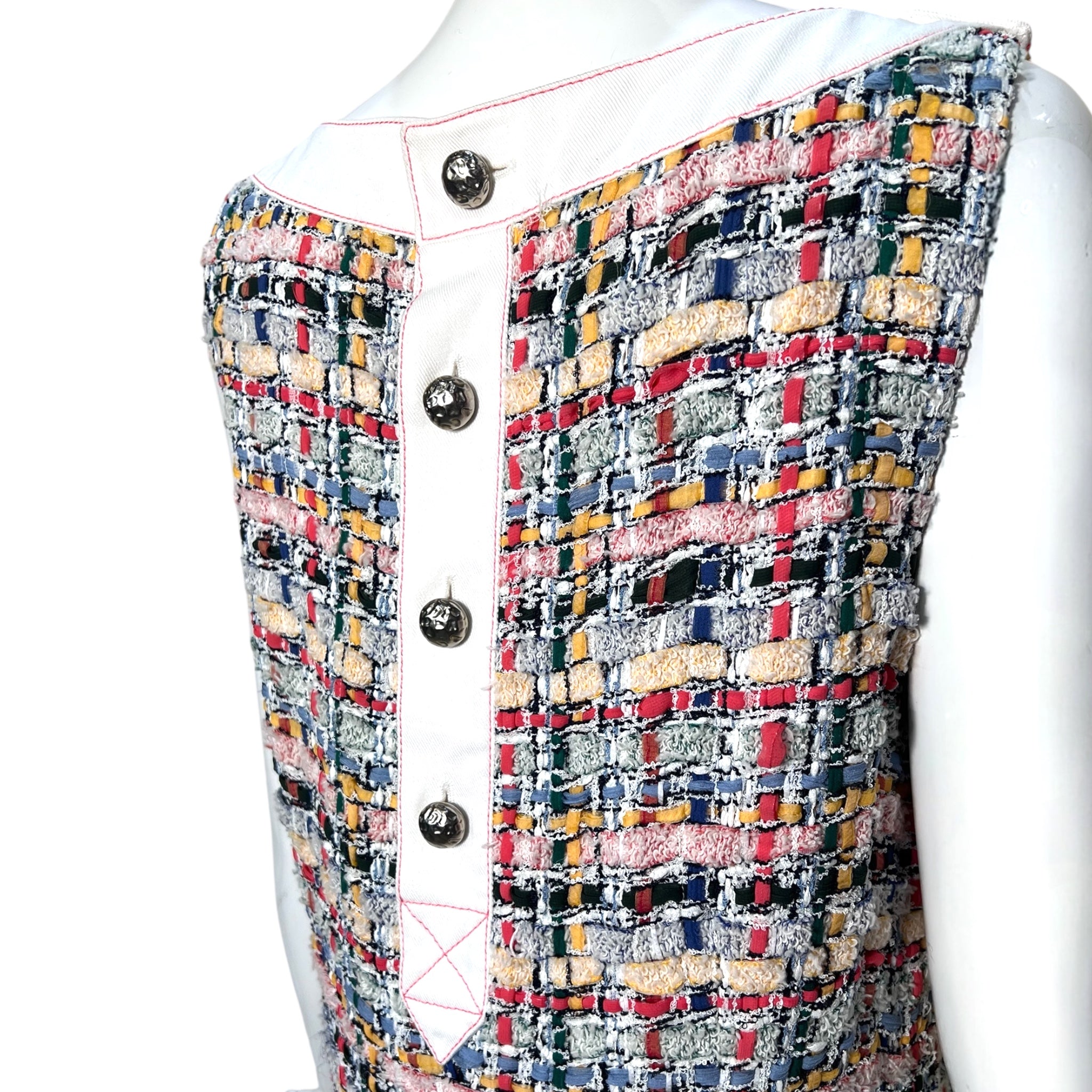 Chanel S/S 2015 Multicolored Boucle Tweed Fringed Hem Dress, back detail