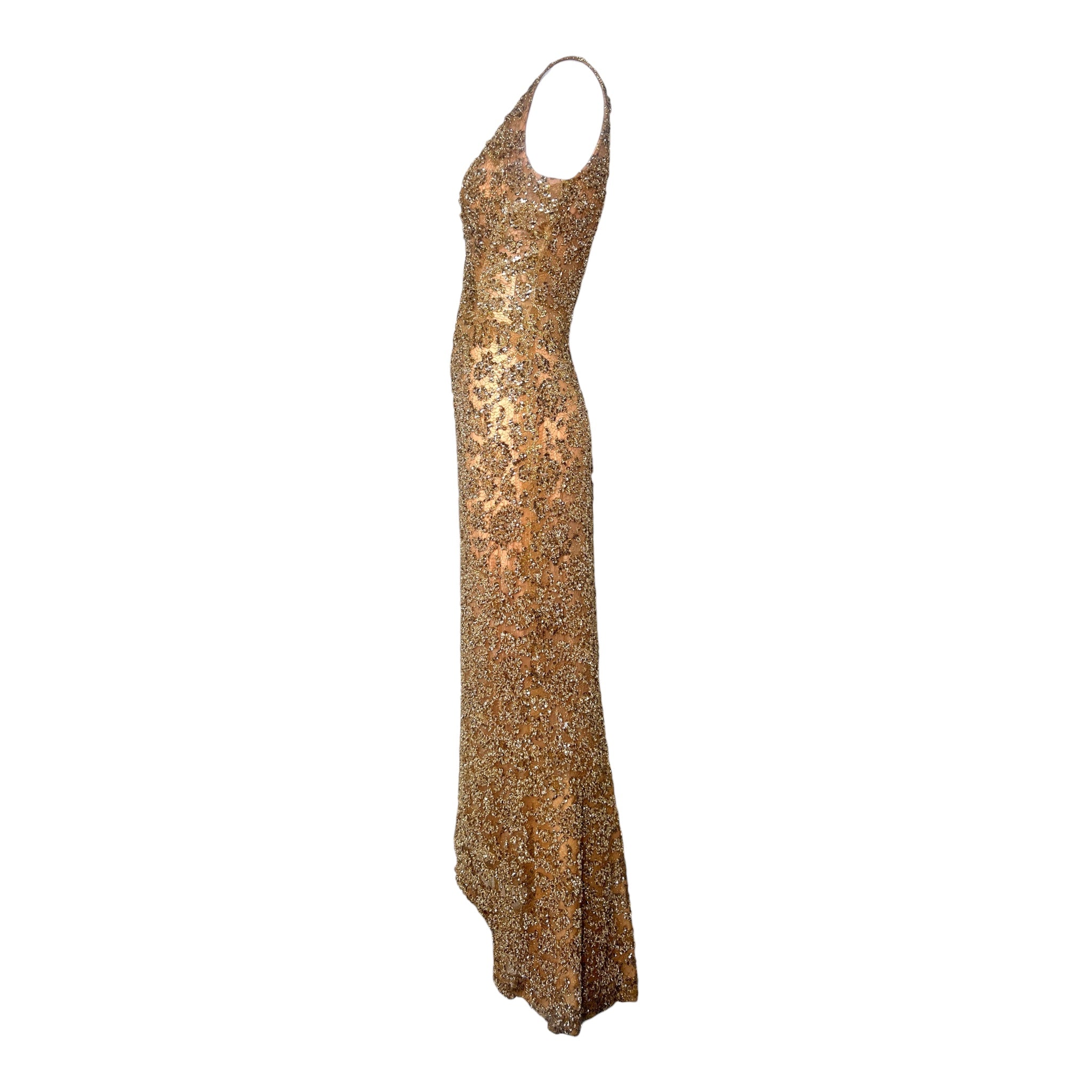 1960's Gold Heavily Embellished Knit Lace Evening Bombshell Gown, side