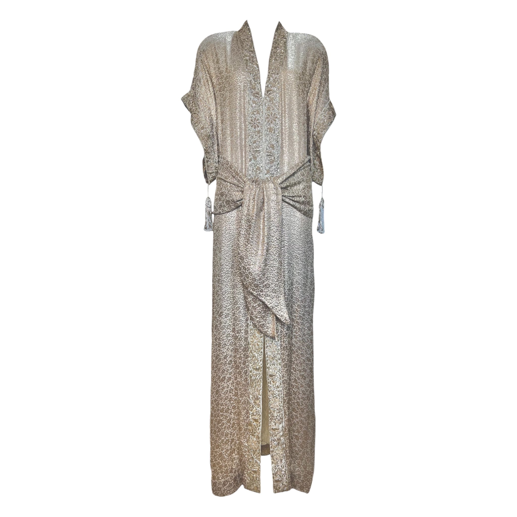Late 1970's Gold Champagne Lamé Jacquard Caftan Gown and Scarf