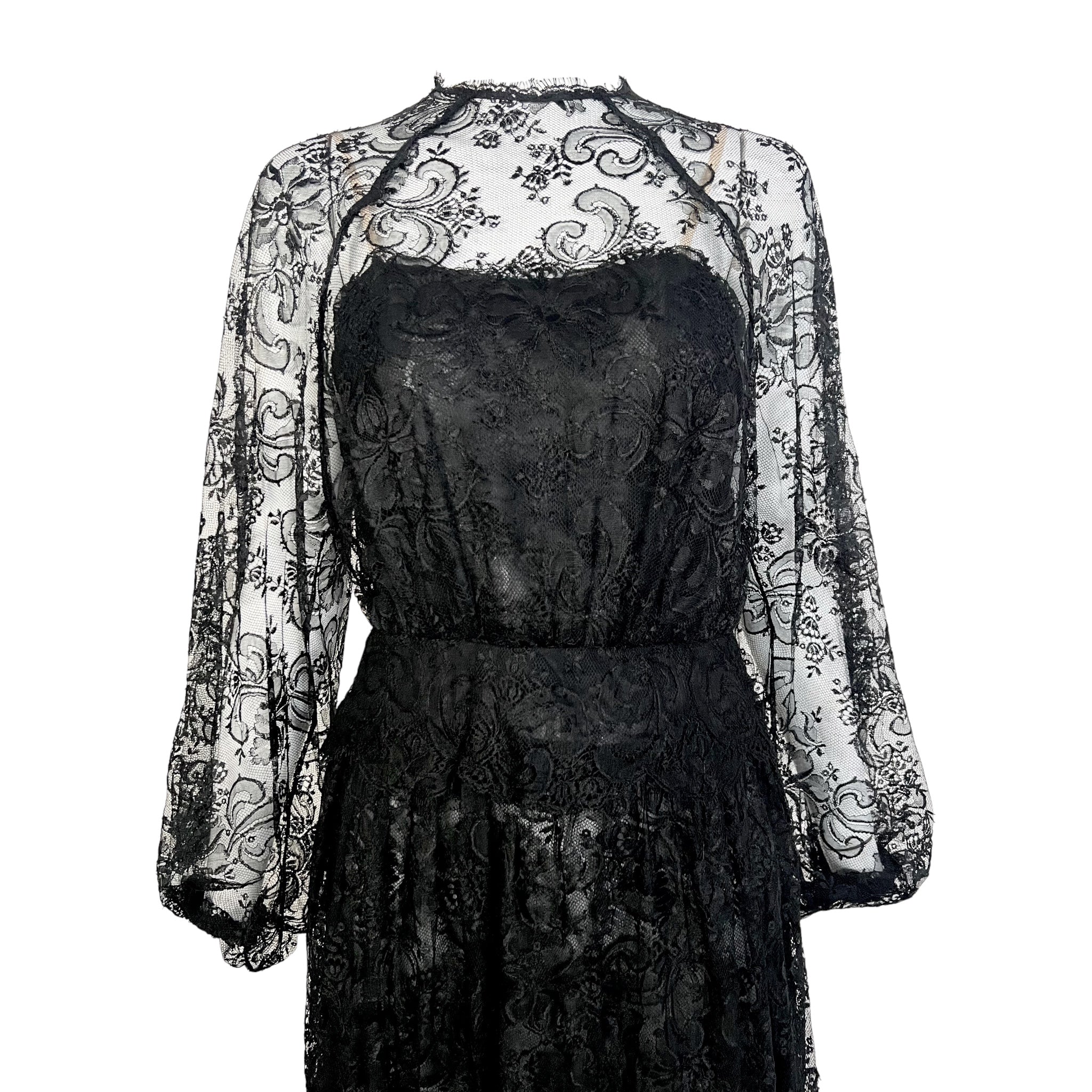 Galanos 1980's Black Chantilly Lace and Silk Chiffon Long Sleeve Gown, top