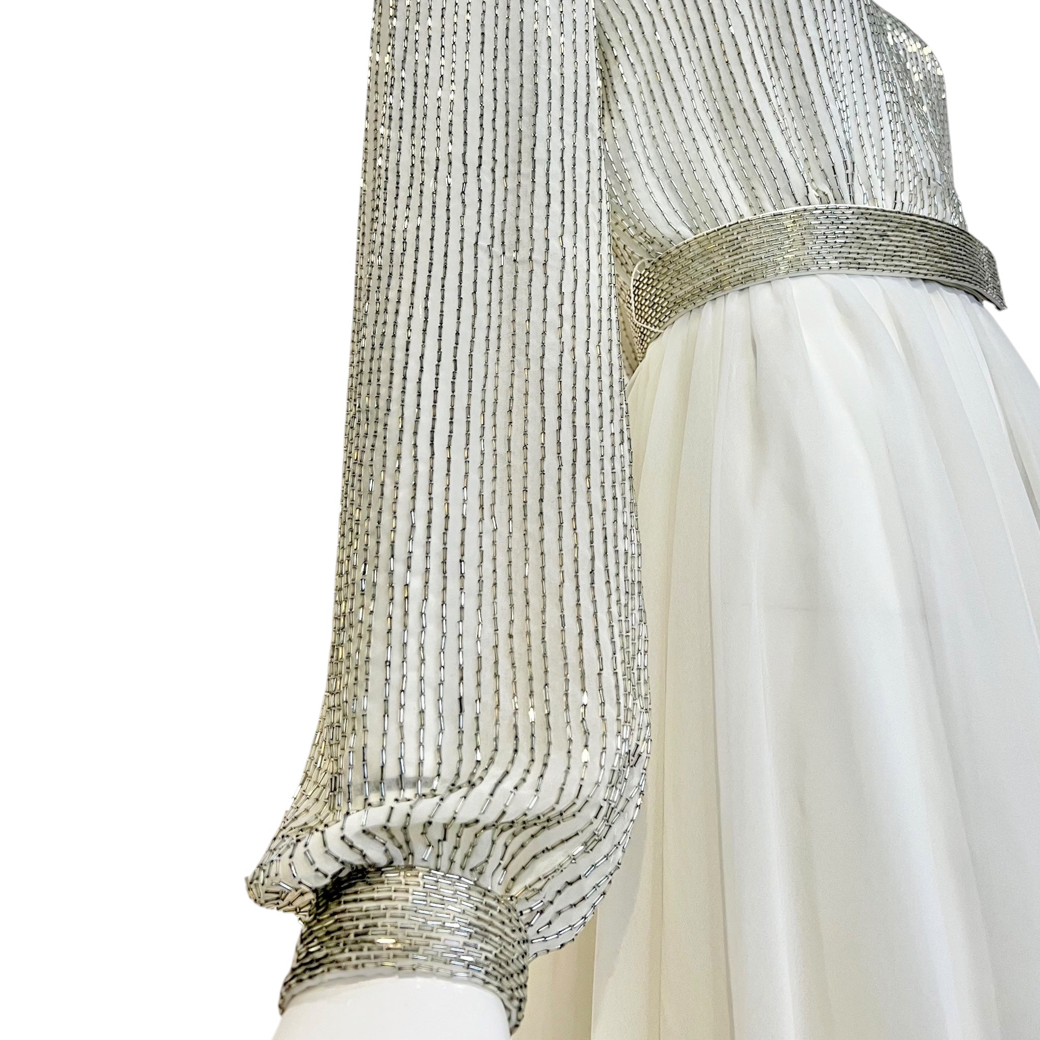 Victoria Royal 1970's White Chiffon Fit and Flare Long Sleeve Dress with Silver Beaded Bodice, slight side sleeve