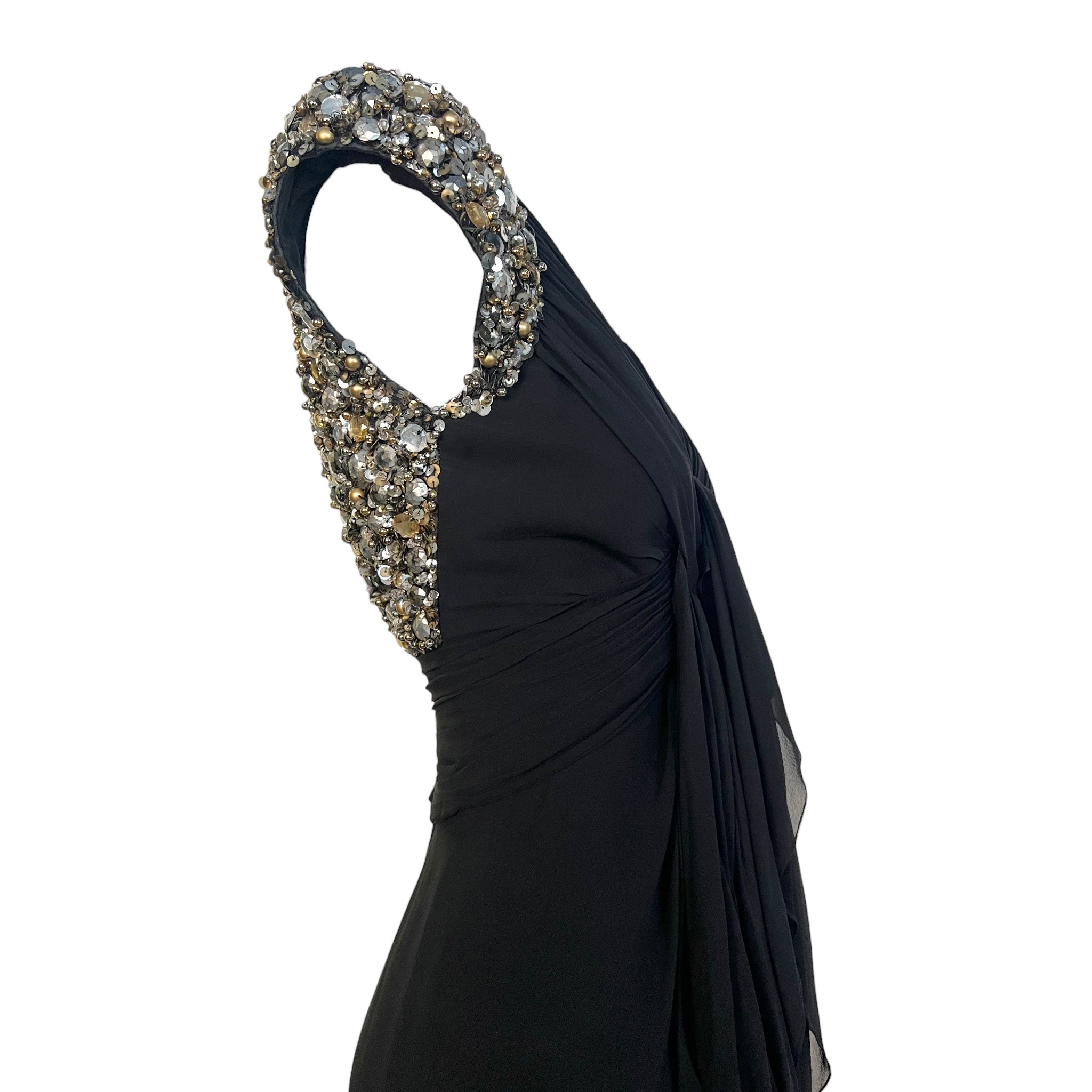  Elie Saab Black Silk Gown with Gold and Silver Embellished Capped Sleeves, top side 2
