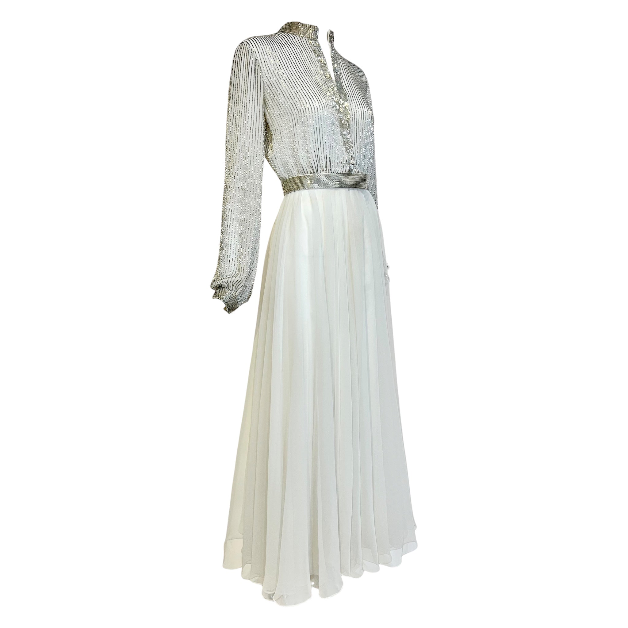 Victoria Royal 1970's White Chiffon Fit and Flare Long Sleeve Dress with Silver Beaded Bodice, slight side