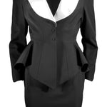  Thierry Mugler F/W 1992 Archival Black Skirt Suit with White Satin Notched Lapels FRONT 1/10