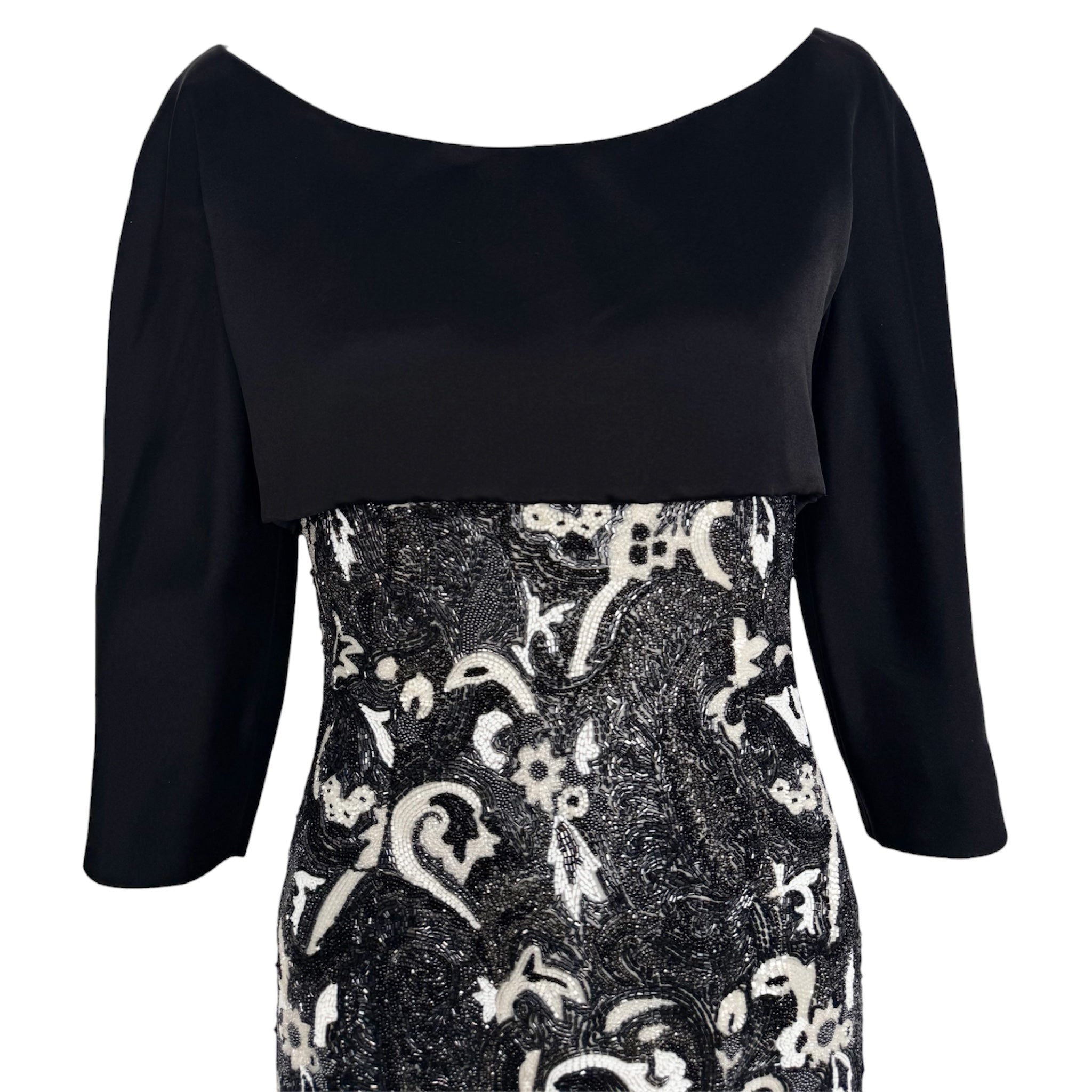 Guy Laroche Haute Couture 1960's Black and White Empire Waist Heavily Beaded Gown, bodice