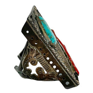 Native American Converted Bowguard  Cuff with Turquoise and Coral Inlay SIDE 2 of 4