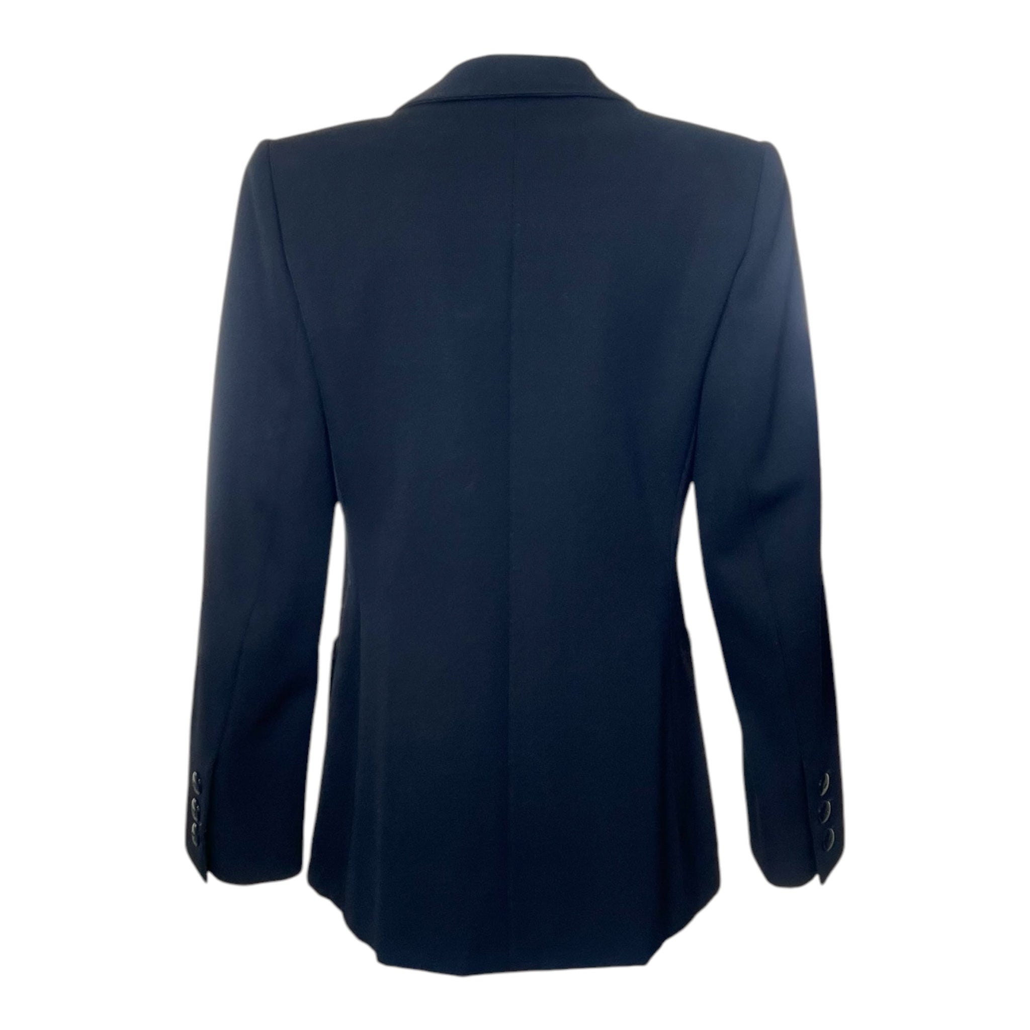 Saint Laurent 1970's Black Wool Gabardine and Faille Skirt Suit, jacket back