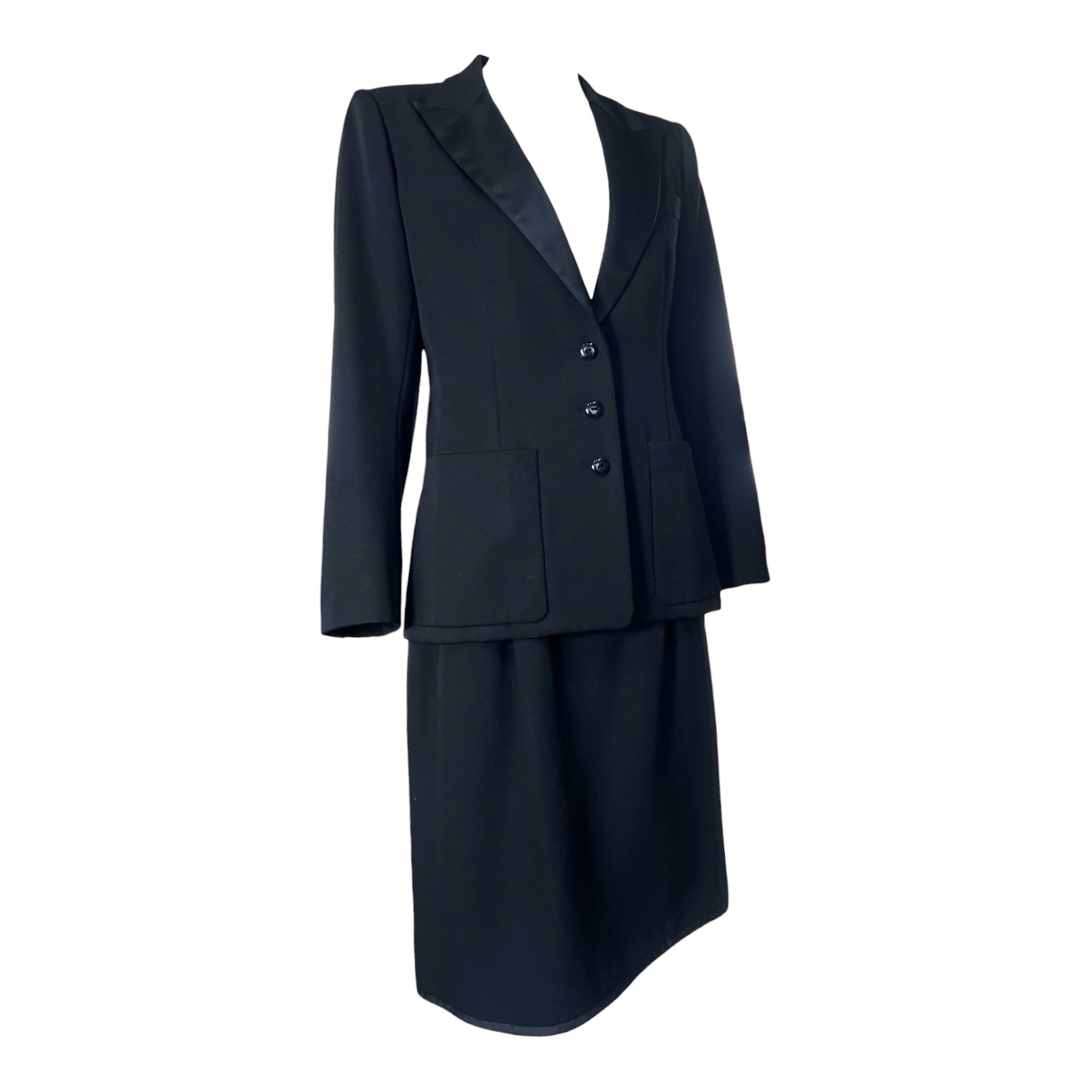 Saint Laurent 1970's Black Wool Gabardine and Faille Skirt Suit, slight side