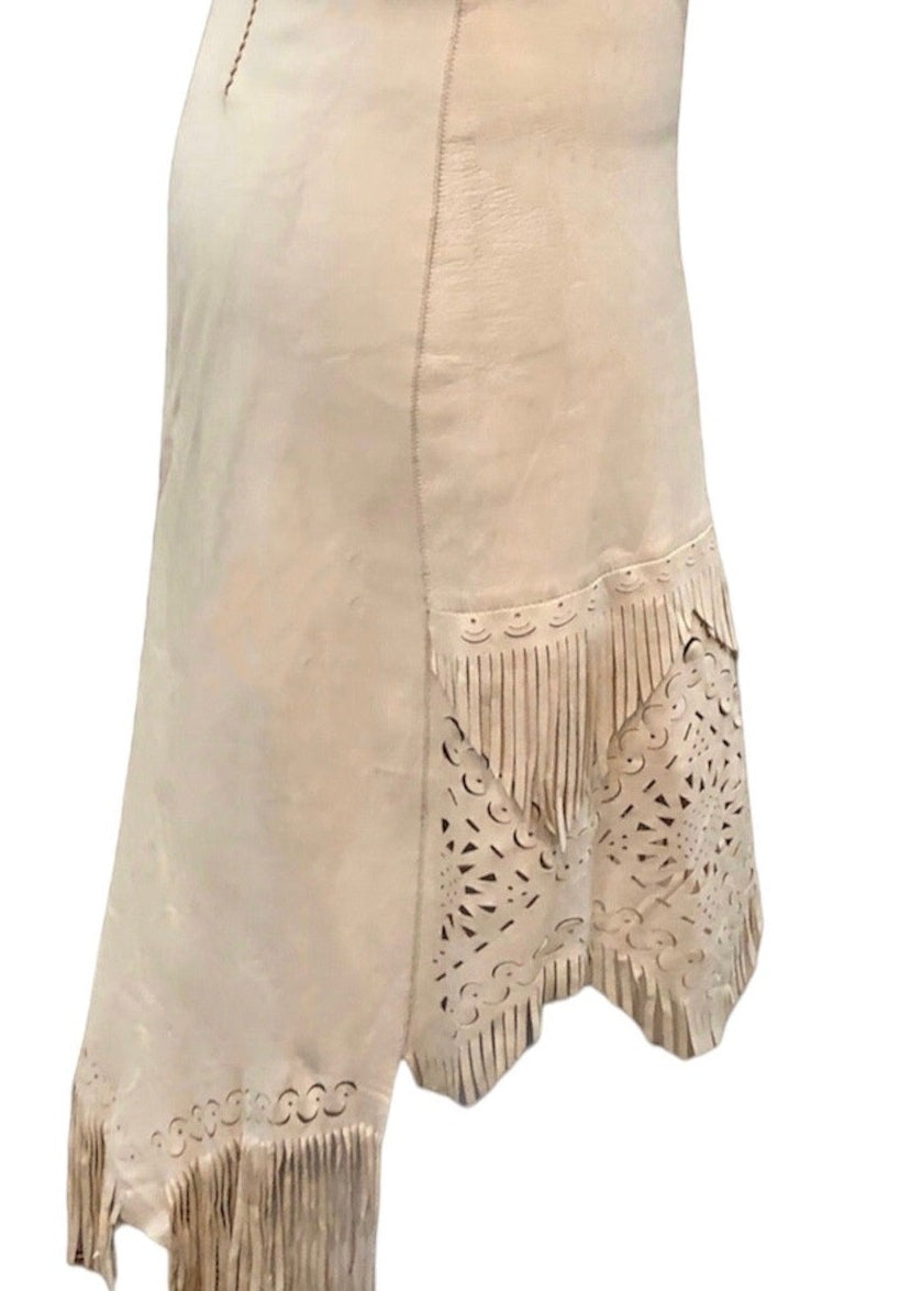 Jean Paul Gaultier Y2K Femme White Leather Fringe Skirt with Laser Cut Outs SIDE. 2 of 4