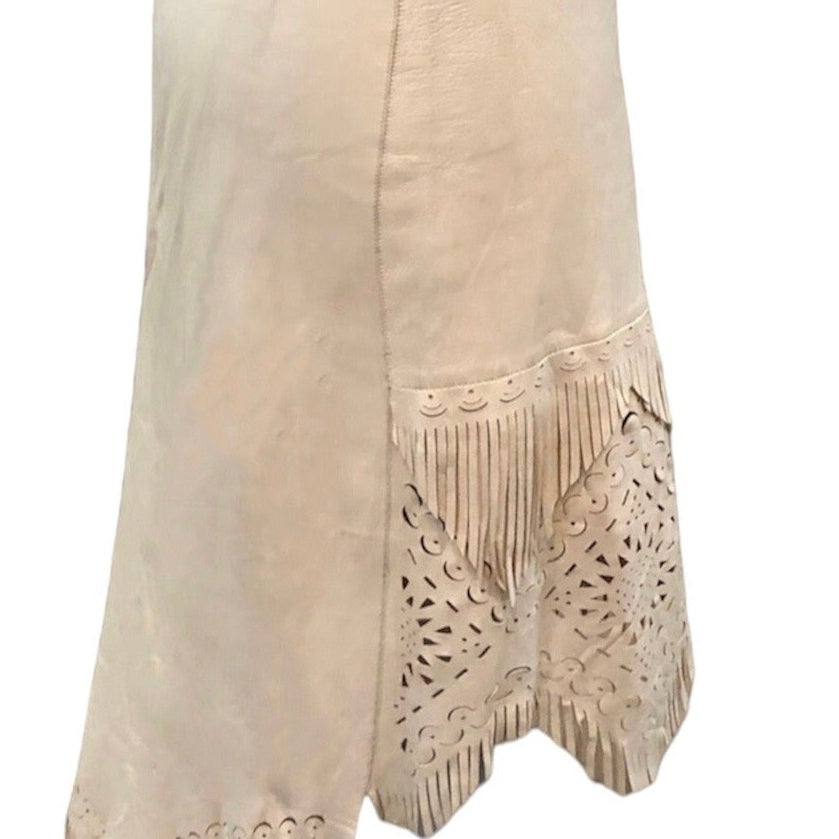 Jean Paul Gaultier Y2K Femme White Leather Fringe Skirt with Laser Cut Outs SIDE. 2 of 4