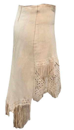 Jean Paul Gaultier Y2K Femme White Leather Fringe Skirt with Laser Cut Outs SIDE. 2 of 4