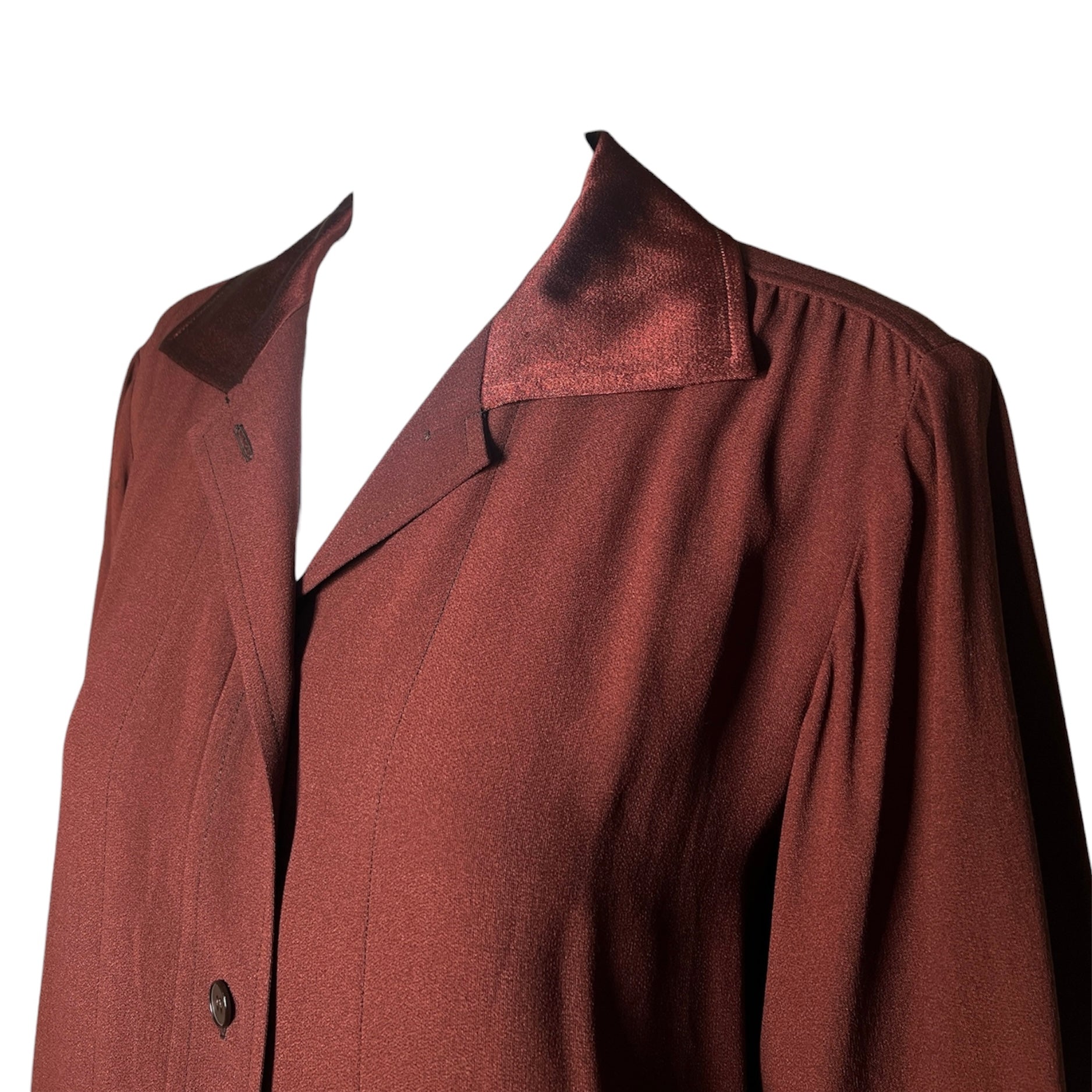 Saint Laurent 1970's Burnt Umber Satin Crepe Button Up Shirt, neck