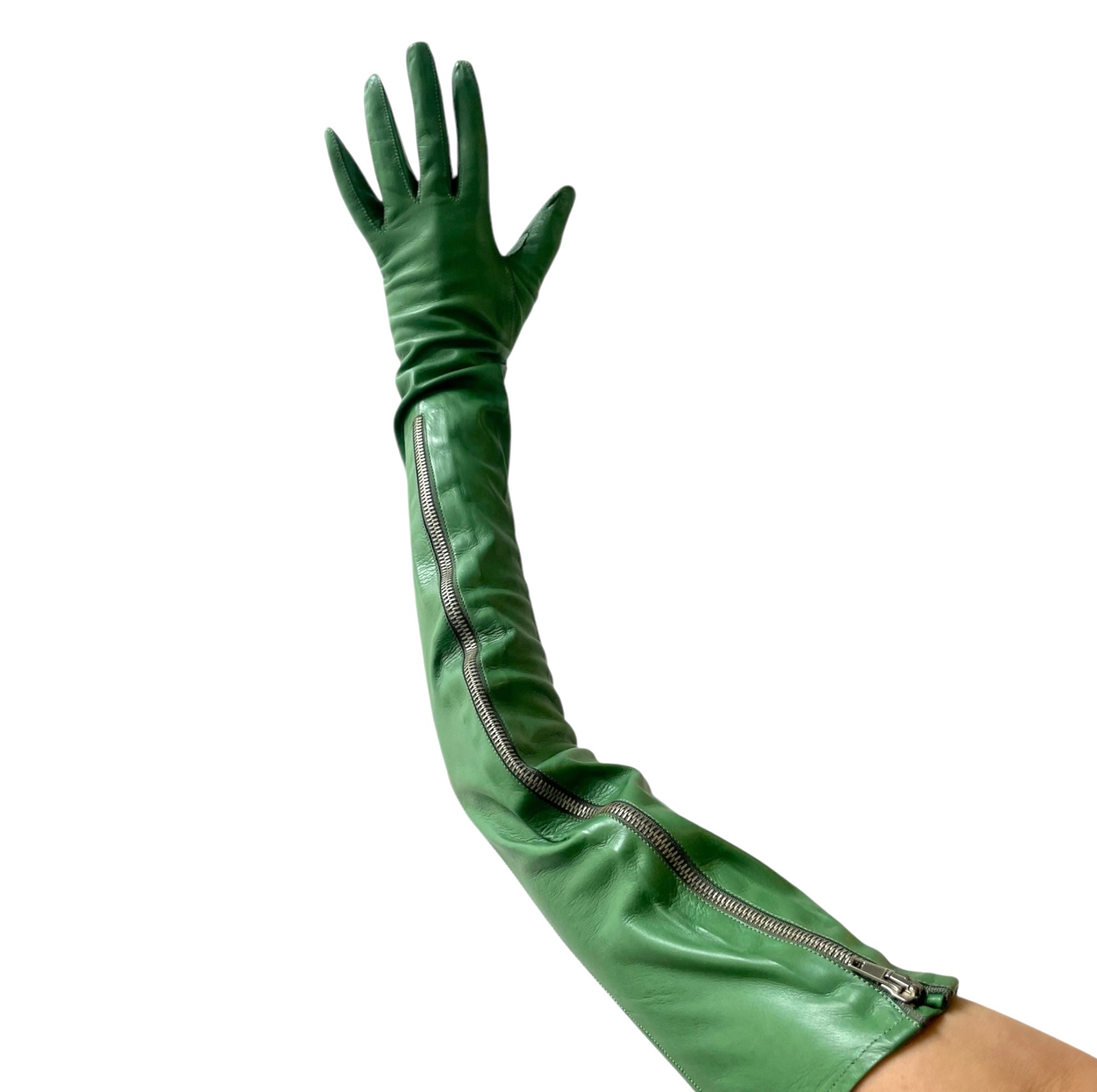 Gasper Gloves Green Leather Arm Length Gloves with Zipper, right hand