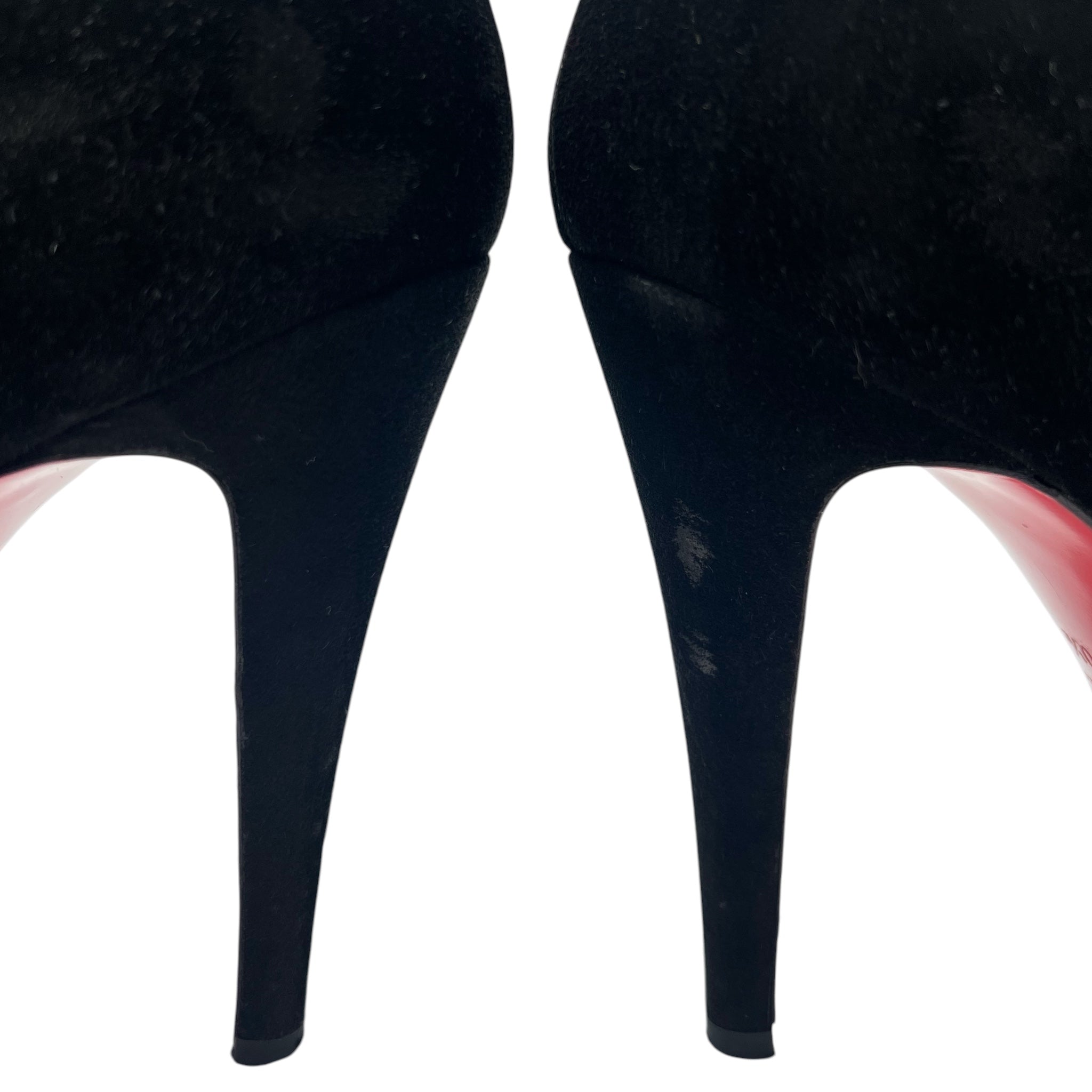 Christian Louboutin Black Velour Veau 120 Stiletto Boot with Red Tulips, 40.5, CLOSE UP HEEL