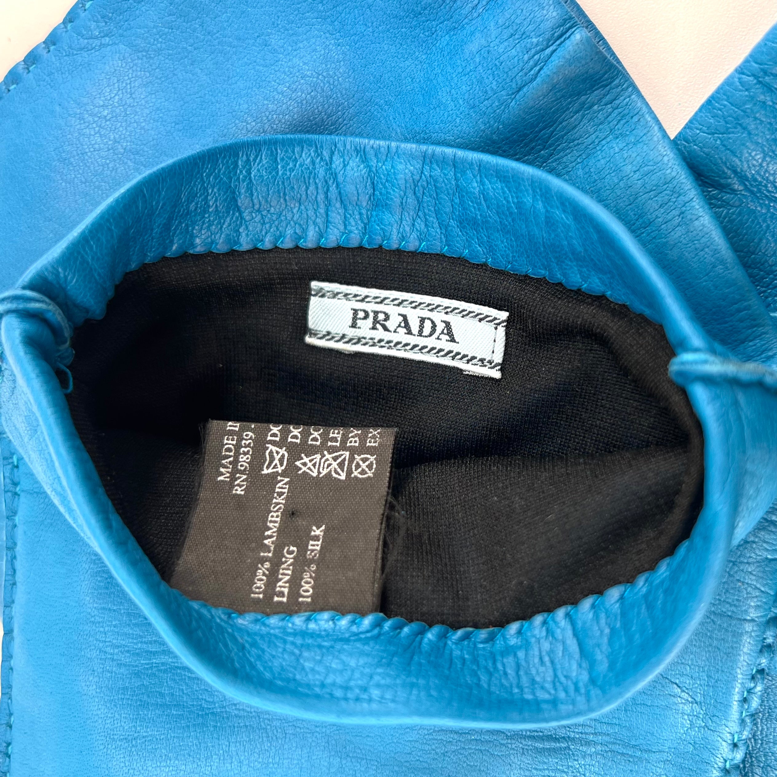 Prada 2020s Blue Lambskin Leather Elbow Length Gloves, labels