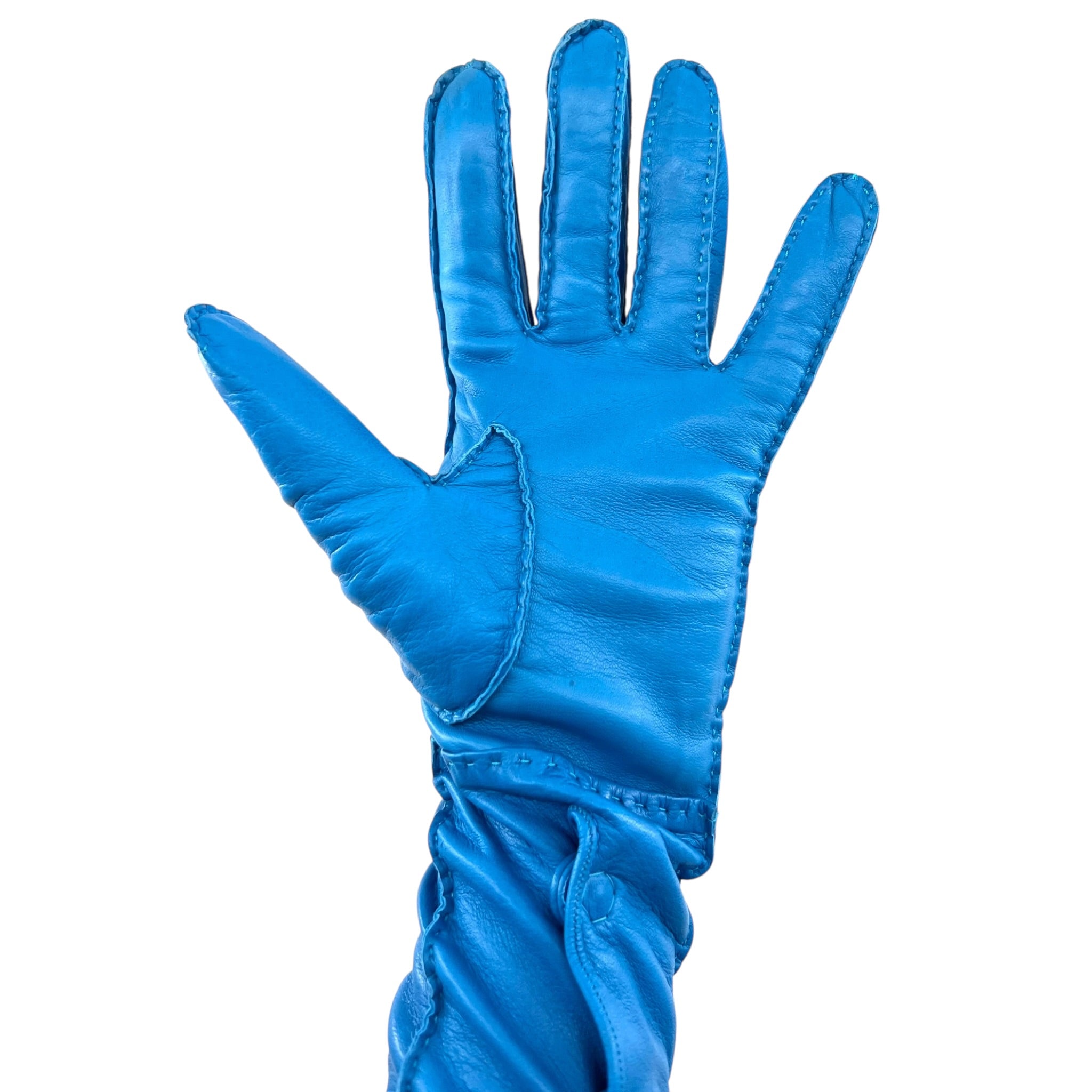 Prada 2020s Blue Lambskin Leather Elbow Length Gloves, left hand open fingers