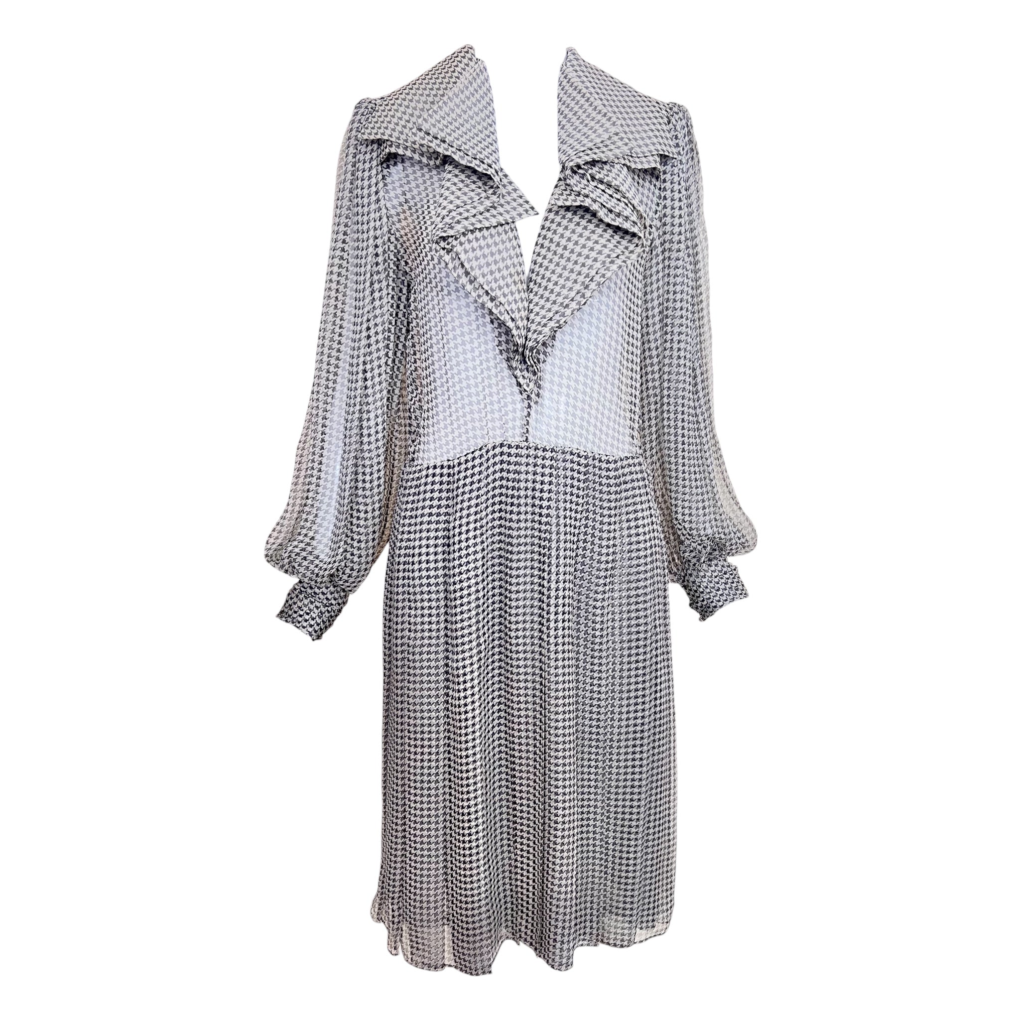 Galanos 1970's Grey and White Houndstooth Chiffon Dress