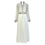Victoria Royal 1970's White Chiffon Fit and Flare Long Sleeve Dress with Silver Beaded Bodice