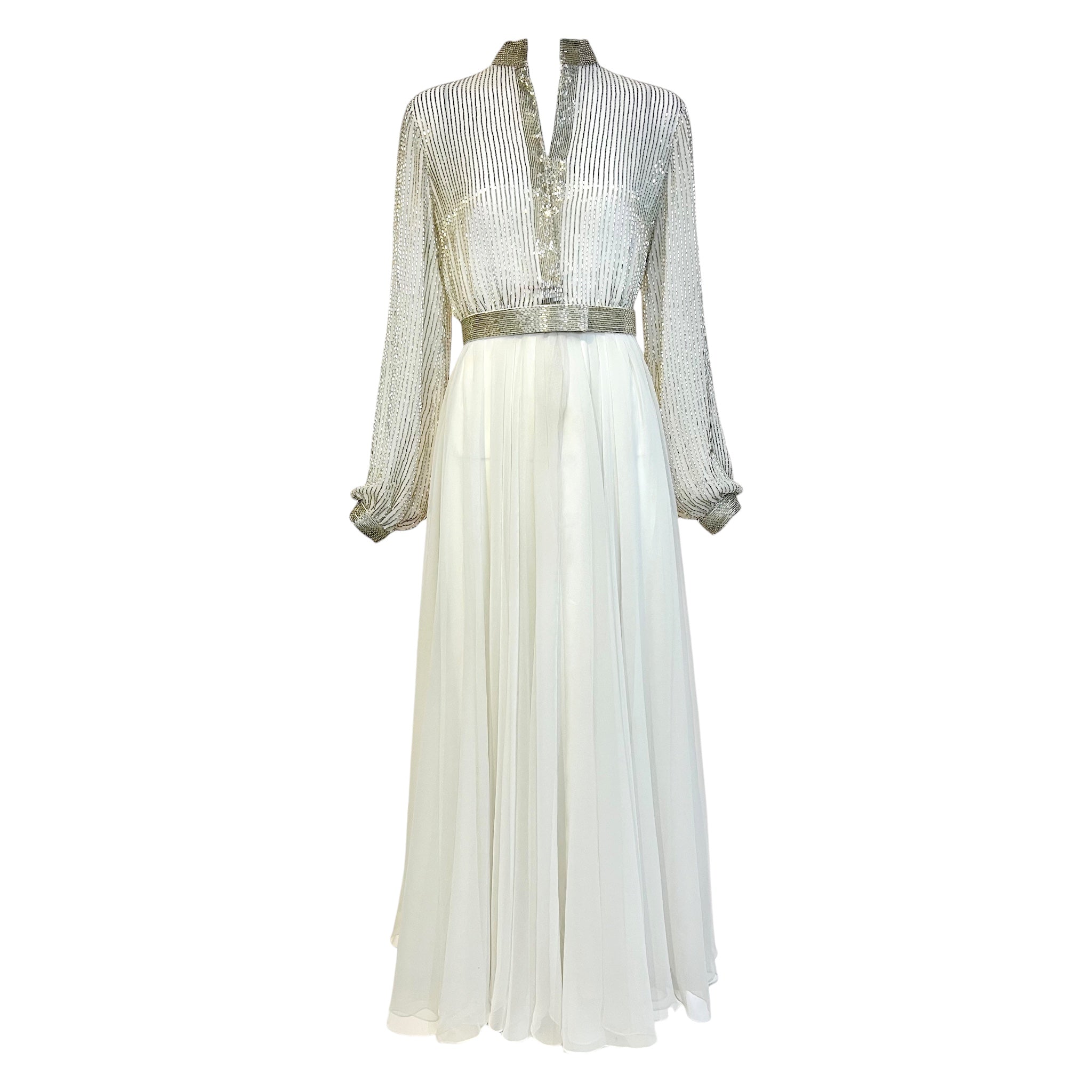 Victoria Royal 1970's White Chiffon Fit and Flare Long Sleeve Dress with Silver Beaded Bodice