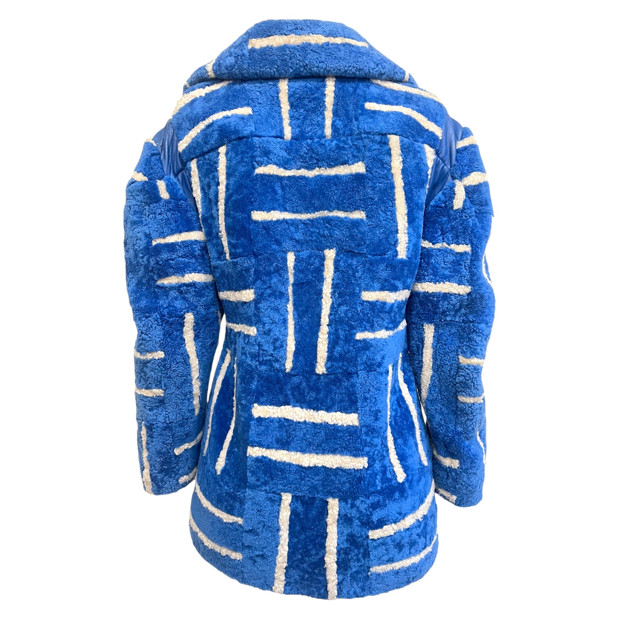 1970's Blue and White Geometric Shearling and Leather Jacket, back
