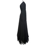 1950's Black Silk Chiffon Ruched Drop Waist Hourglass Halter Gown, side