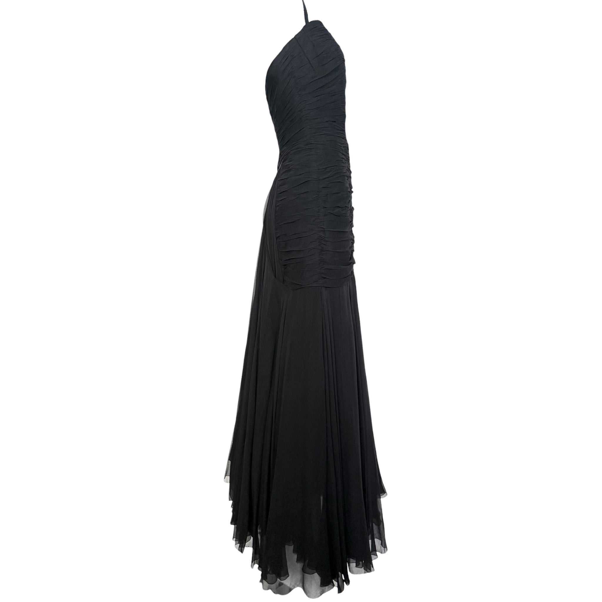 1950's Black Silk Chiffon Ruched Drop Waist Hourglass Halter Gown, side