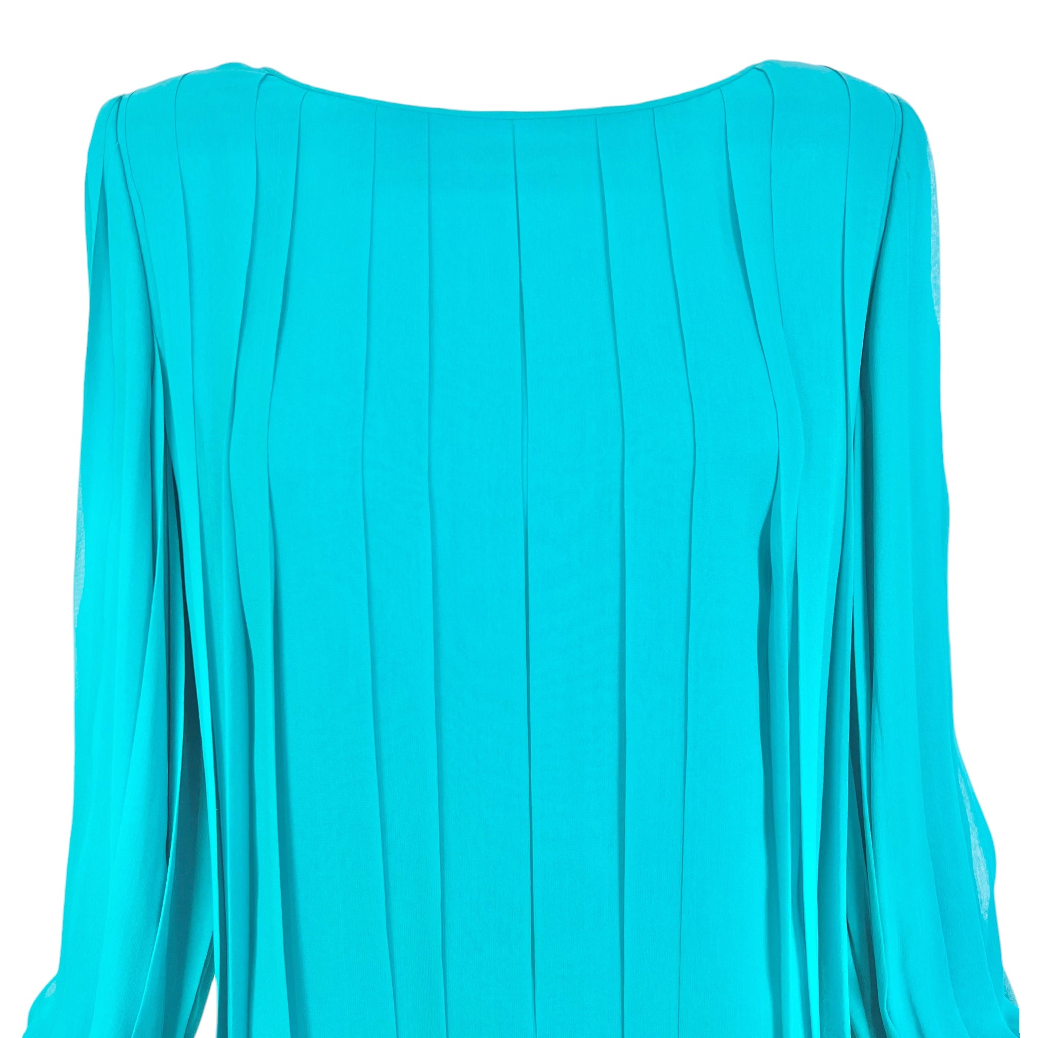 Galanos 1980's Turquoise Pleated Silk and Lace Mini Dress, top