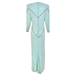 Galanos 1980's Fully Beaded Pale Aqua Blue Silk Evening Gown with Rhinestones, back