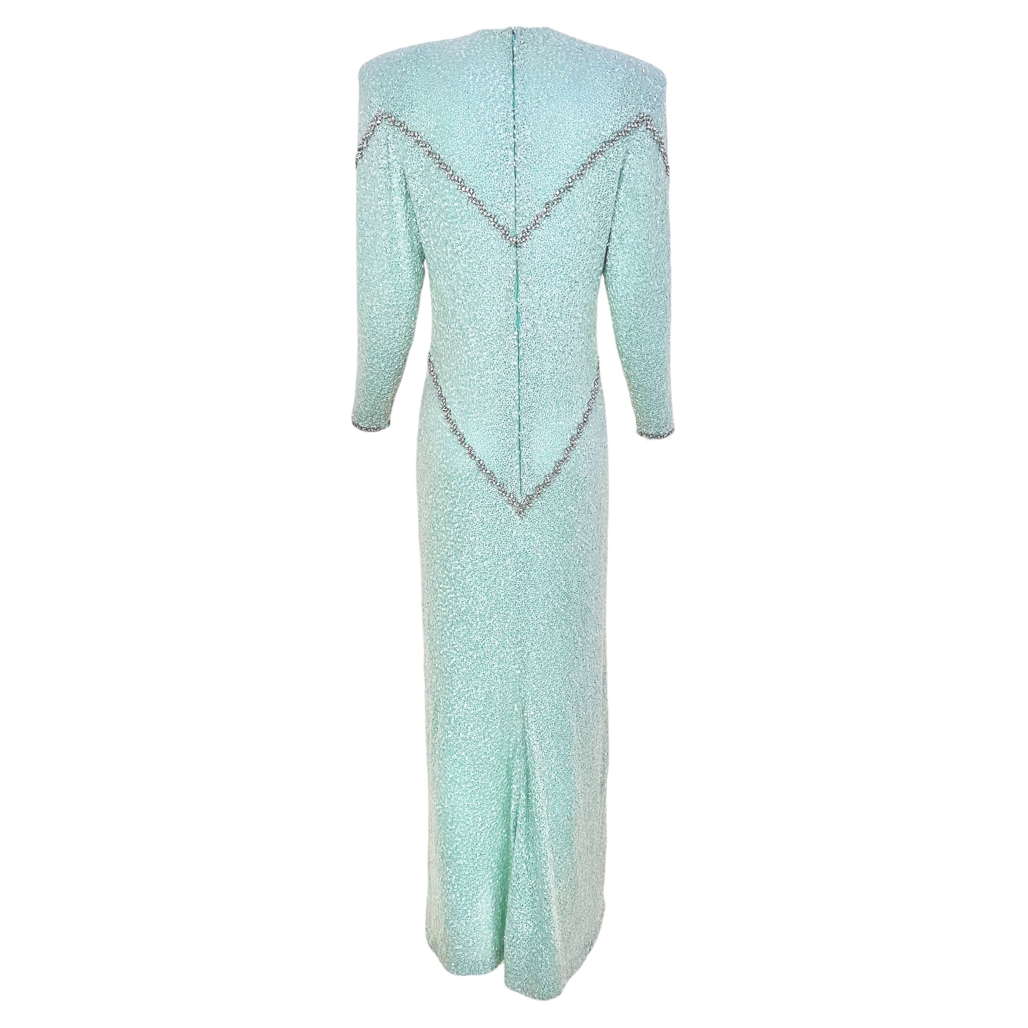 Galanos 1980's Fully Beaded Pale Aqua Blue Silk Evening Gown with Rhinestones, back