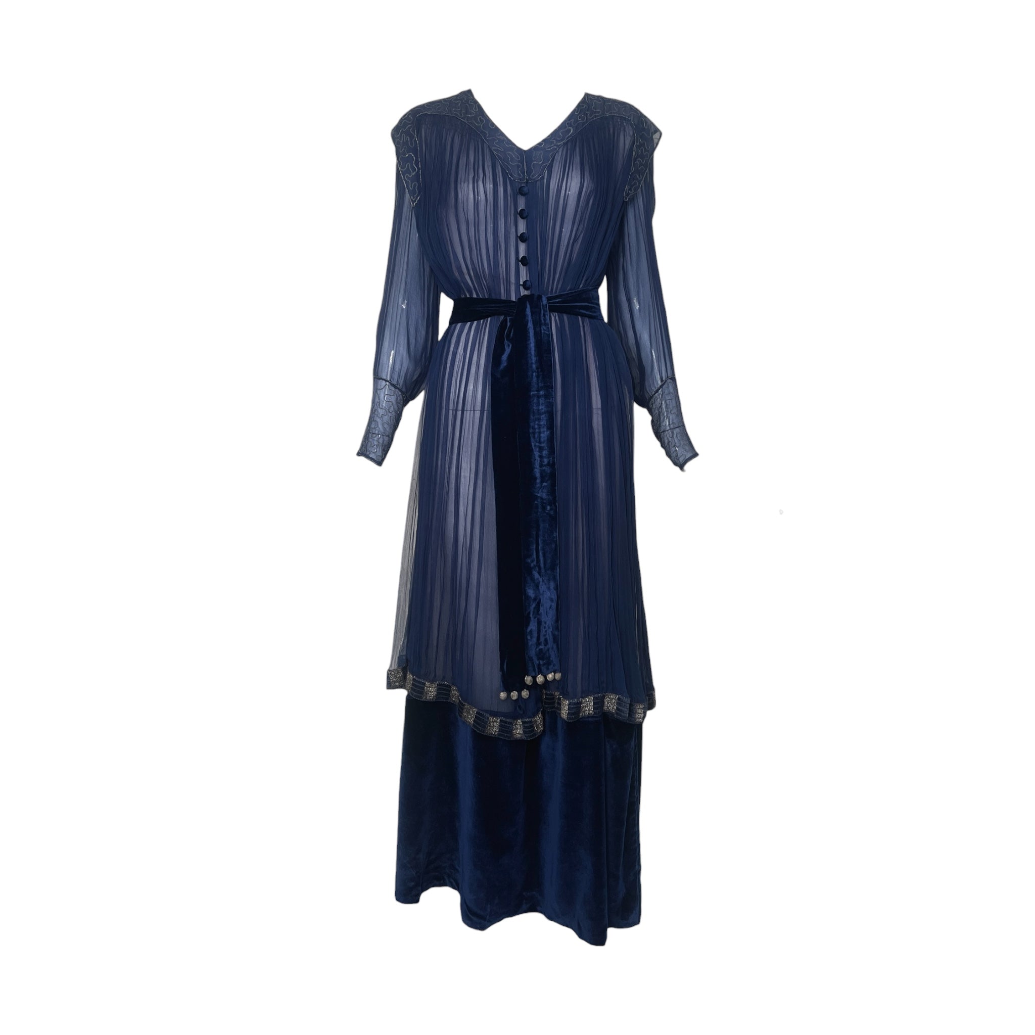 1910's French Couture Midnight Blue Silk Chiffon Long Sleeve Gown