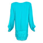 Galanos 1980's Turquoise Pleated Silk and Lace Mini Dress, back