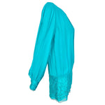 Galanos 1980's Turquoise Pleated Silk and Lace Mini Dress, side
