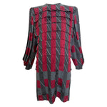 Galanos 1980's Maroon and Grey Silk Jacquard Graphic Print Dress
