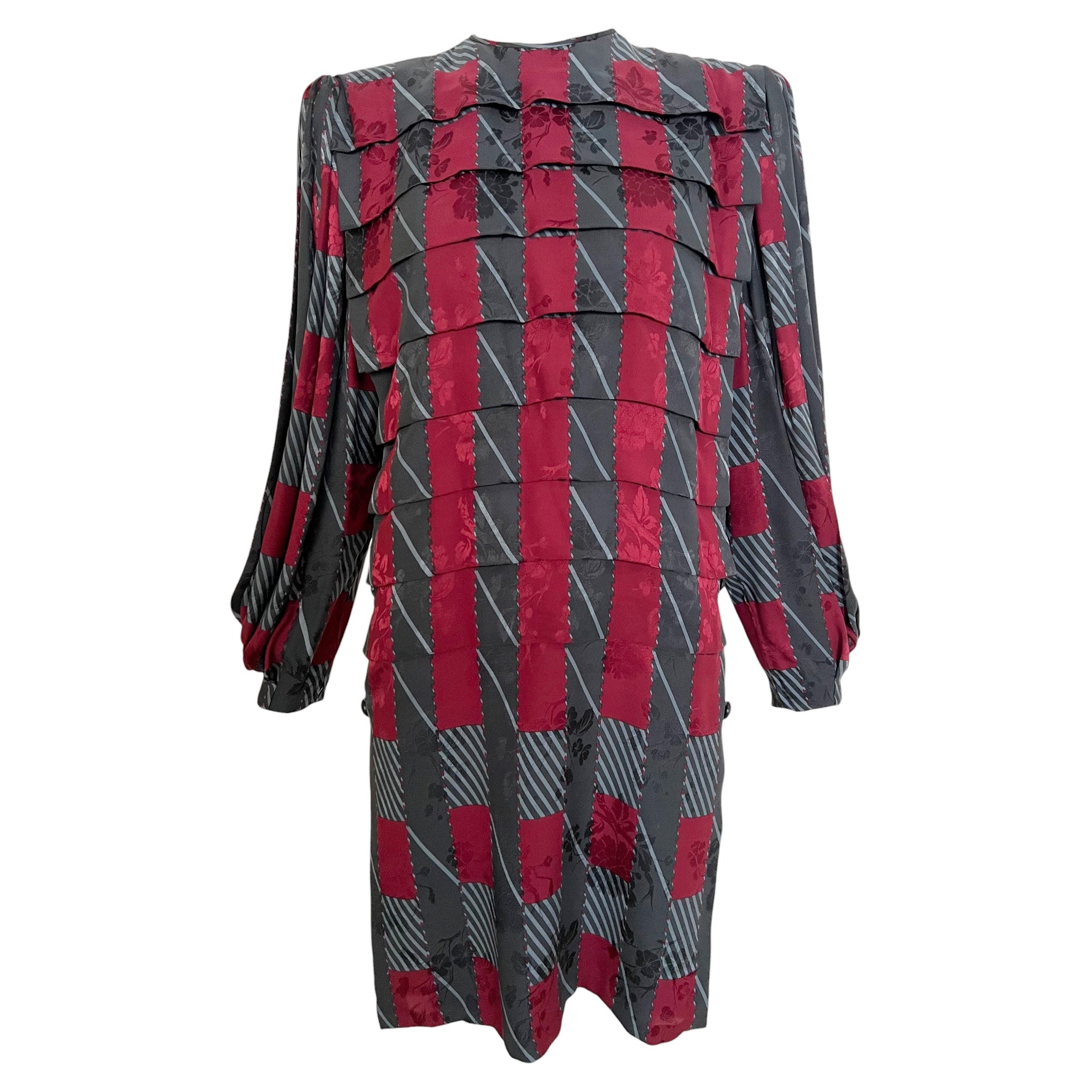 Galanos 1980's Maroon and Grey Silk Jacquard Graphic Print Dress