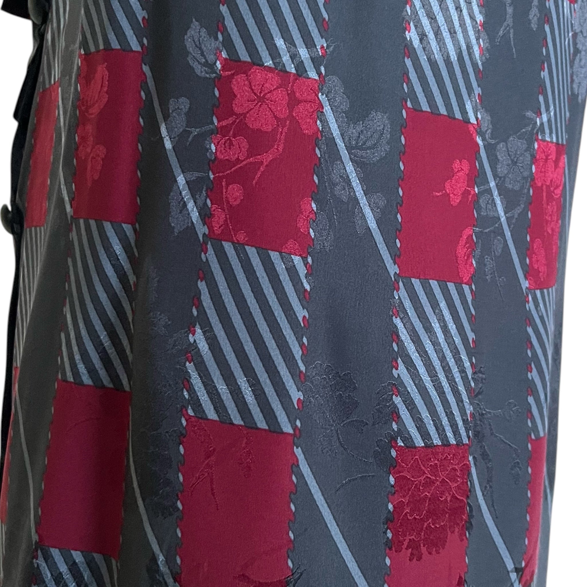 Galanos 1980's Maroon and Grey Silk Jacquard Graphic Print Dress, fabric close up