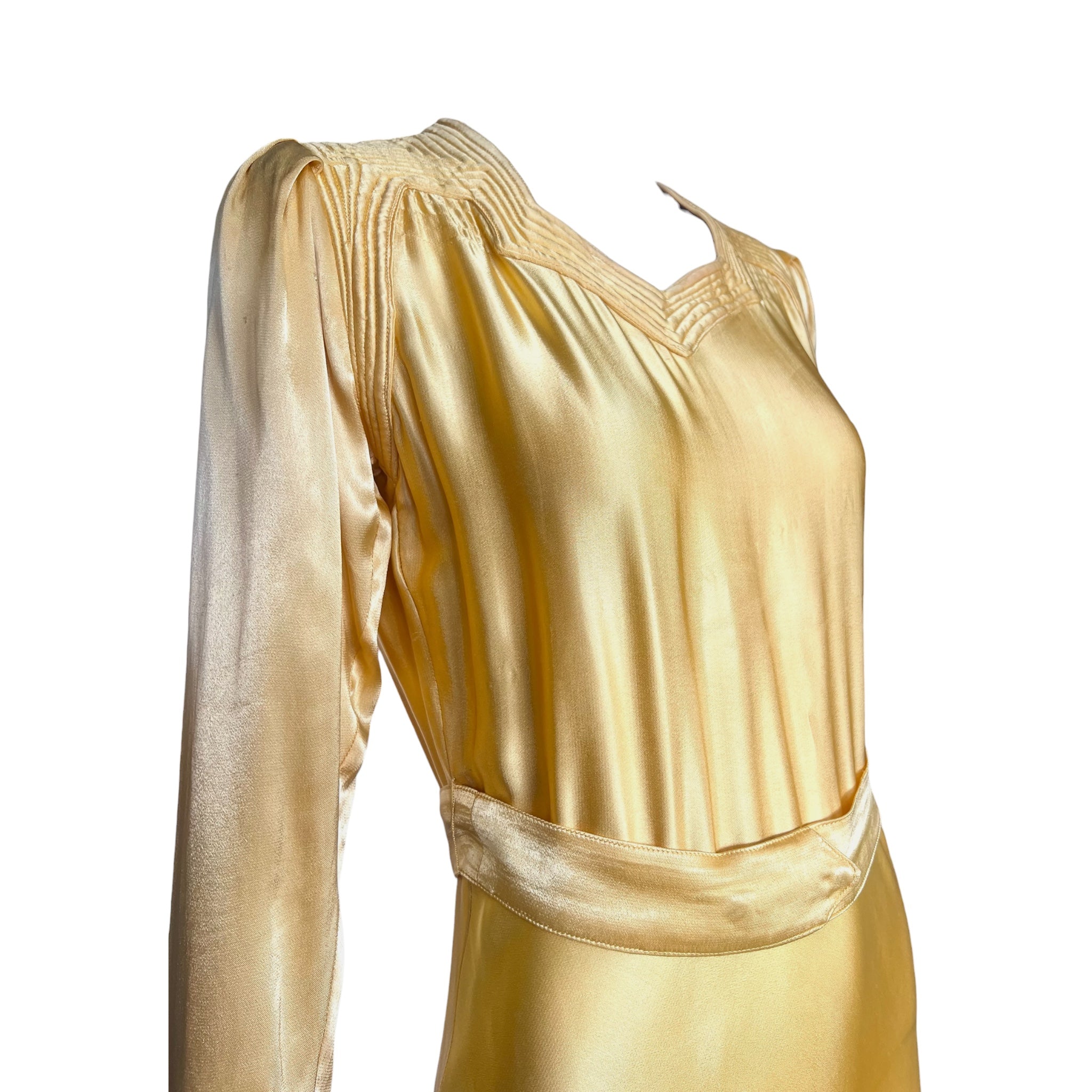Late 1930's Golden Yellow Satin Belted Long Sleeve Dress