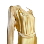 Late 1930s/Early 40s Golden Yellow Satin Belted Dress, Bodice side detail