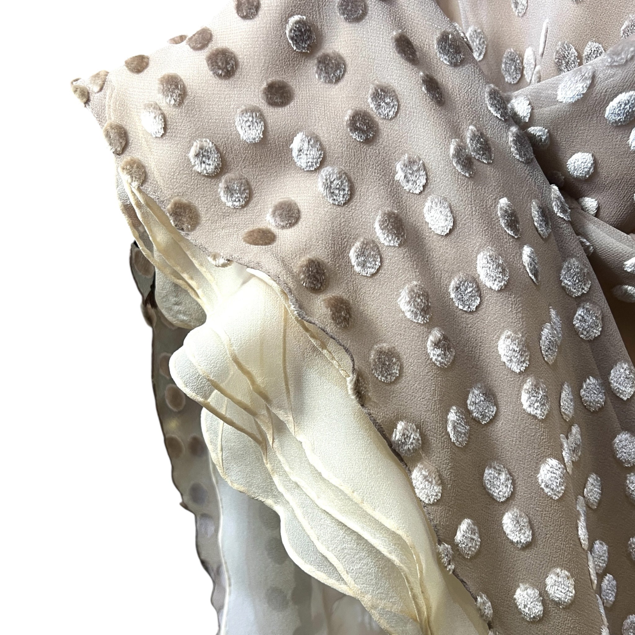 Stavropoulos 1970's Grey Devore Velvet Polkadot and Silk Gown, layers