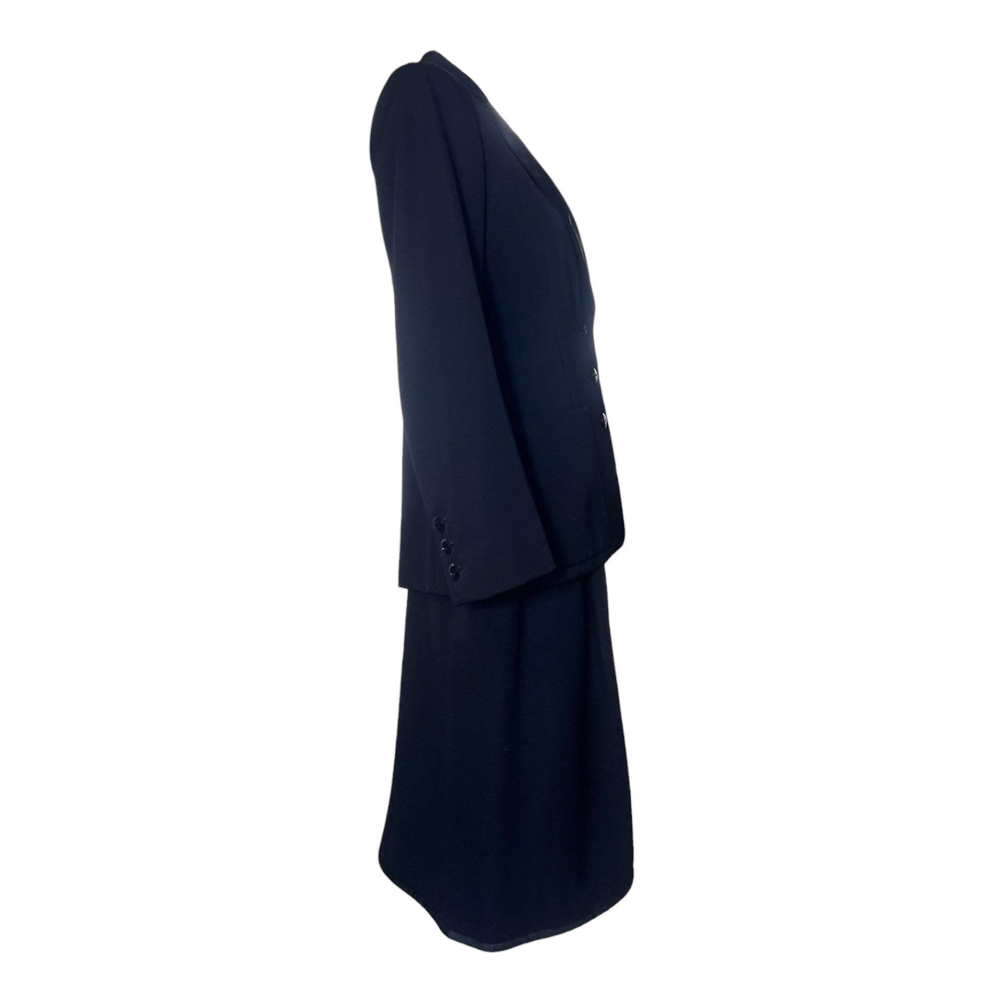 Saint Laurent 1970's Black Wool Gabardine and Faille Skirt Suit, side