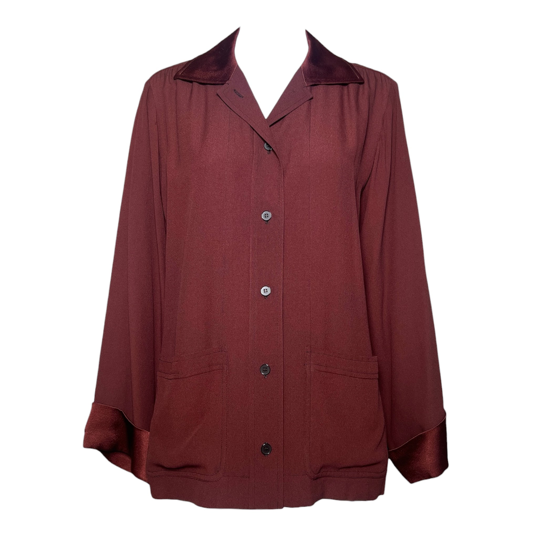 Saint Laurent 1970's Burnt Umber Satin Crepe Button Up Shirt