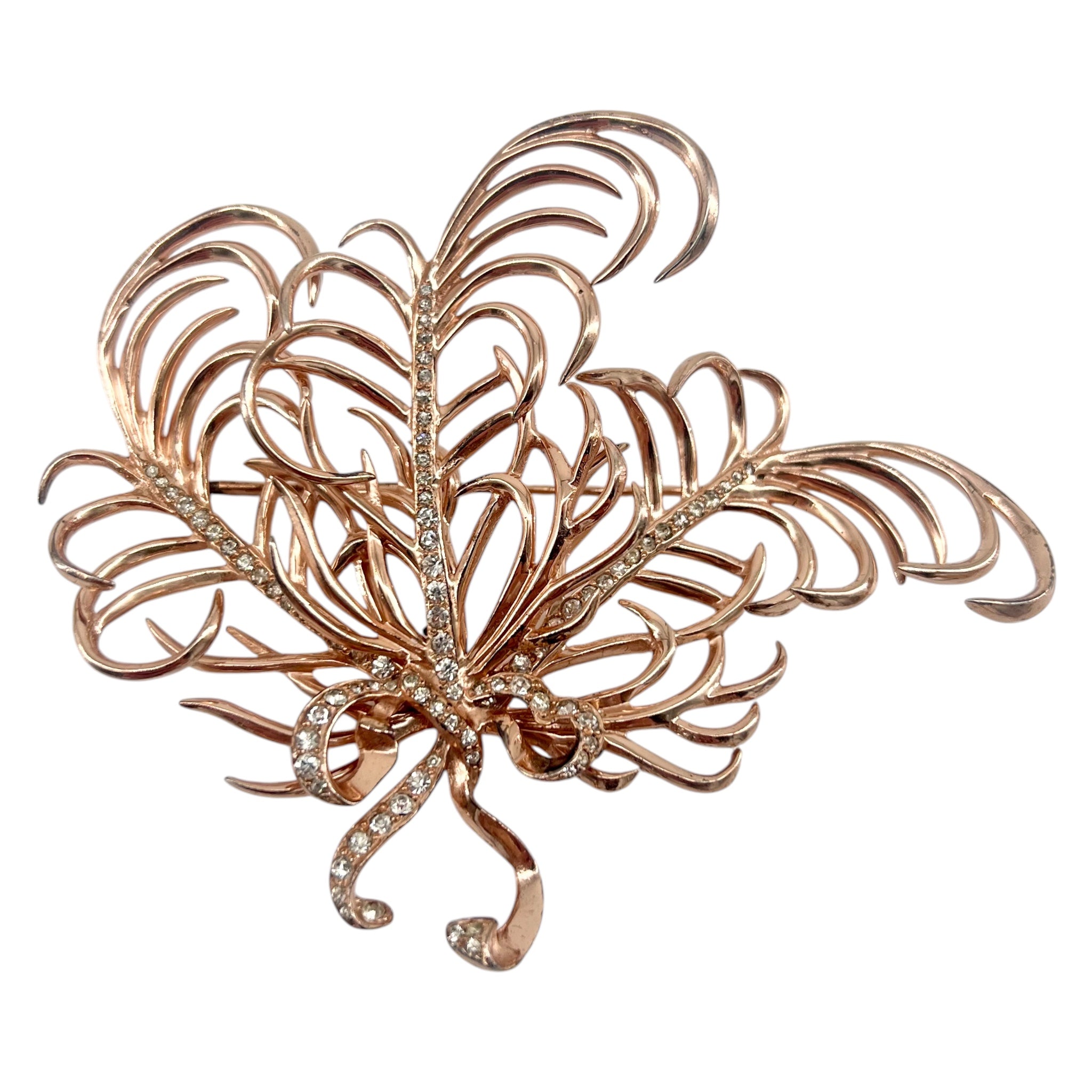 Nettie Rosenstein 1940's Sterling Silver Gold Vermeil Diamante Feather Brooch and Earrings, brooch