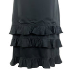 Galanos 1970's Black Satin Silk Ruffle Triple Tier Long Sleeve Column Gown, hem