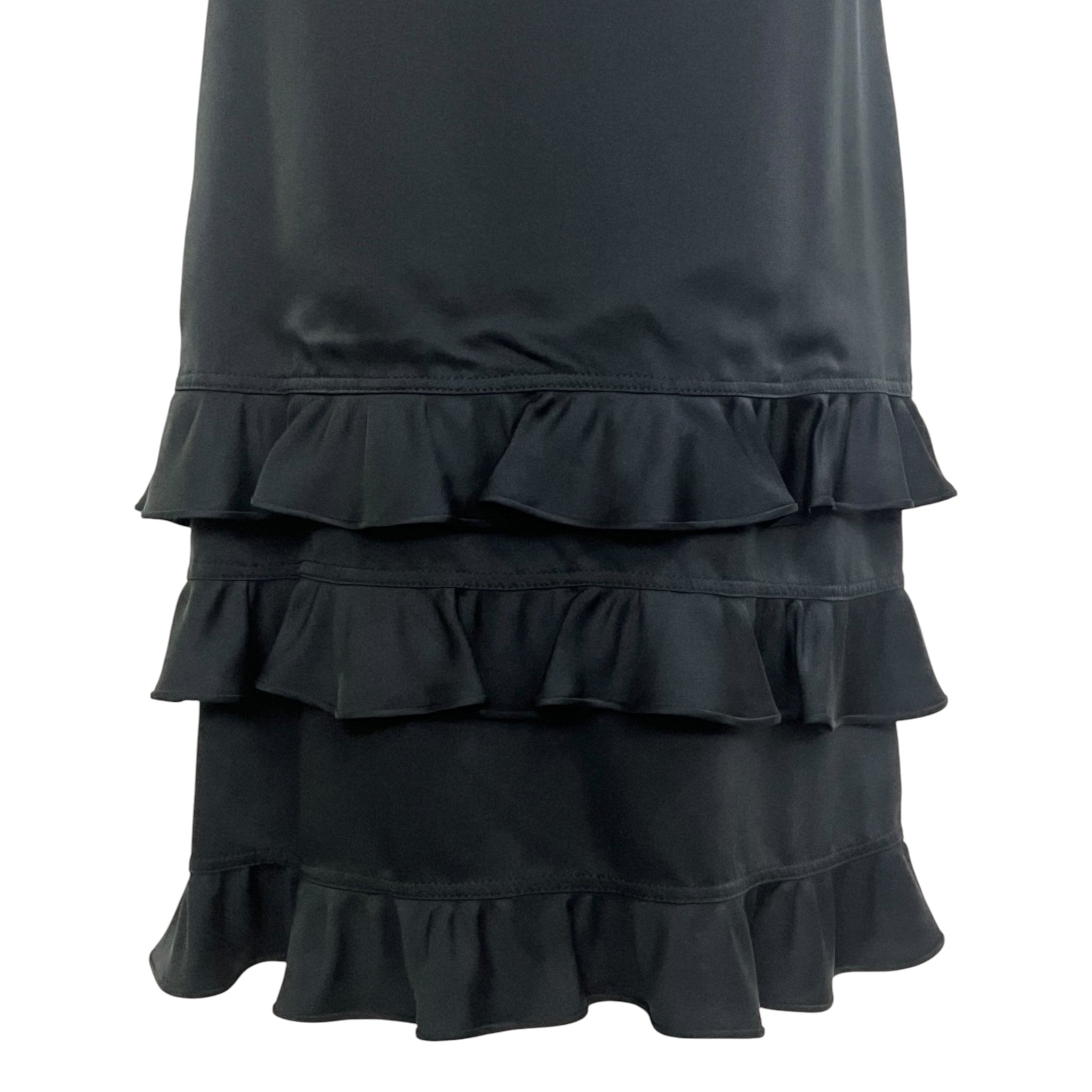 Galanos 1970's Black Satin Silk Ruffle Triple Tier Long Sleeve Column Gown, hem