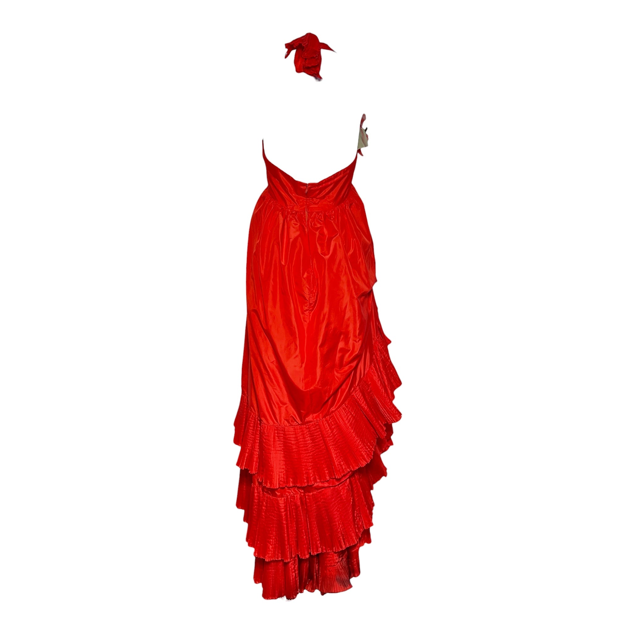 Gina Fratini Early 1980's Scarlet Red Ruffled Silk Taffeta Halter Gown, back
