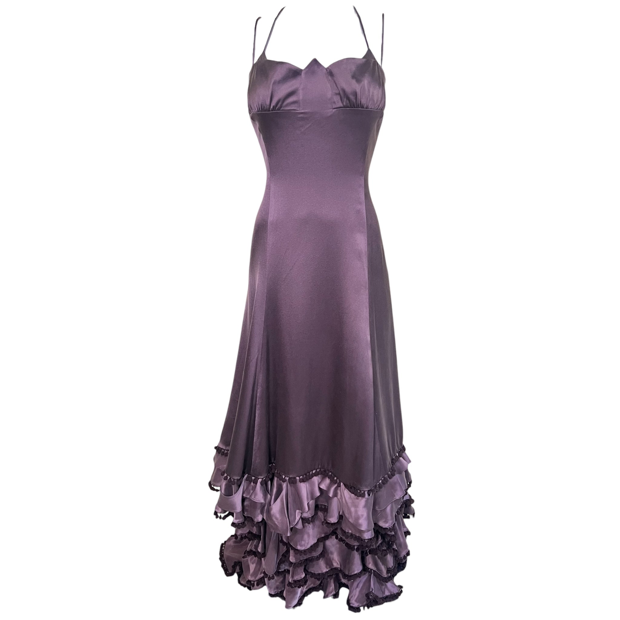 Zac Posen F/W 2005 Plum Silk Satin Tiered Gown w/Flounce